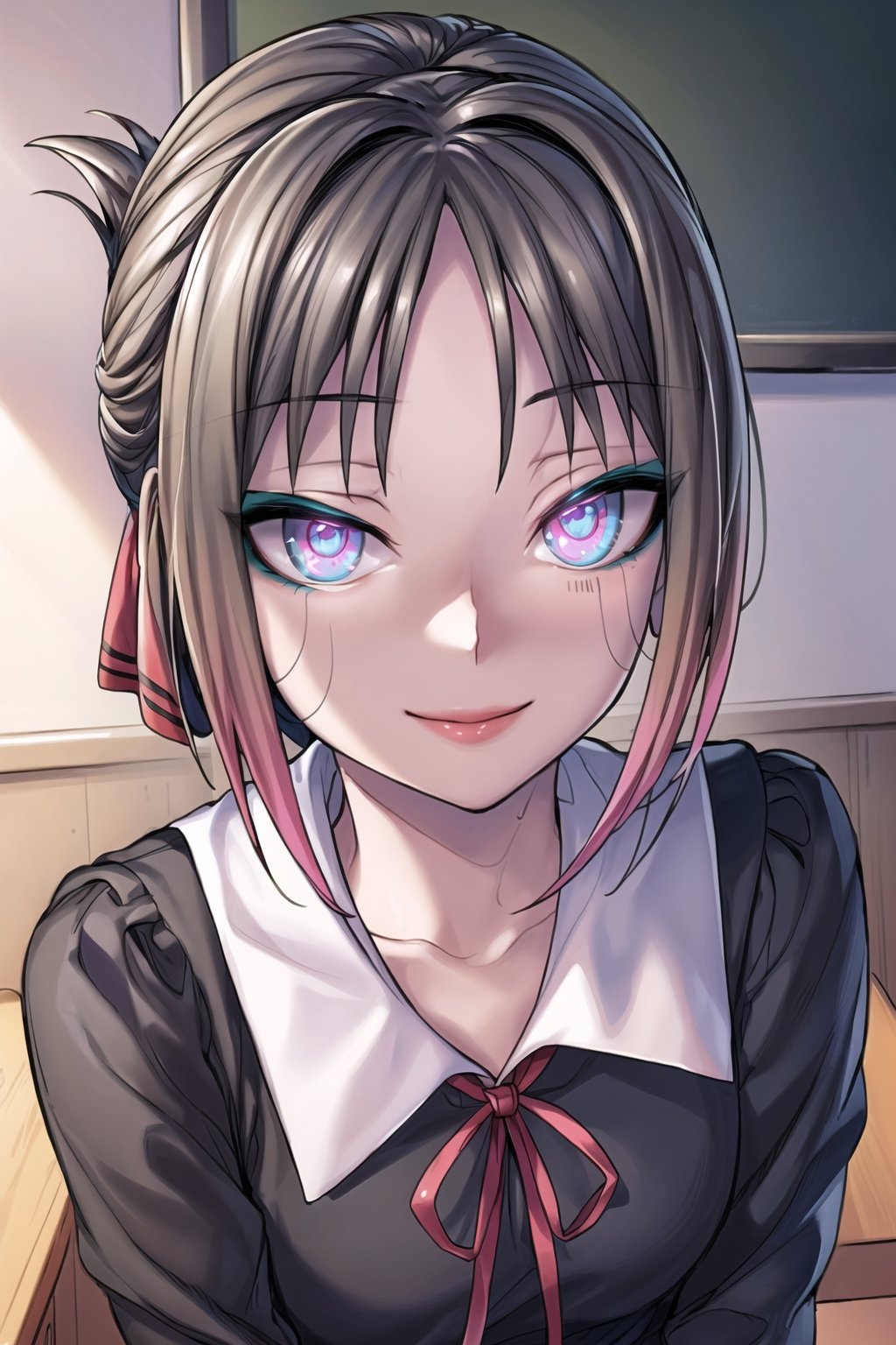 ((best quality)),  ((highly detailed)),  masterpiece,  ((official art)), aakaguya, short hair, folded ponytail, hair ribbon, parted bangs,, lips, (seductive smile,smirk) ,(Remodeling), (multicolored hair:1.3), (two-tone hair:1.3), (pink eyes, blue eyes), (glowing eyes), (android:1.2), (barcode:1.2), (doll joints:1.1), ((neck ribbon, red ribbon, black dress, black shirt, long sleeves, black sleeves)), (cyberpunk:1.2), school, (confident, sexy), chalkboard ,looking at viewer, classroom, girl, indoors,  dramatic reveal, suspenseful, urban environment, mysterious ambiance, dramatic lighting, cinematic scene, self-transformation, supernatural, otherworldly, metamorphosis, mystical, mystical energy, power awakening., intricately detailed, hyperdetailed, blurry background, depth of field, best quality, masterpiece, intricate details, tonemapping, sharp focus, hyper detailed, trending on Artstation, 1 girl, high res, official art,ai hayasaka,aahayasaka,aakaguya,Remodeling