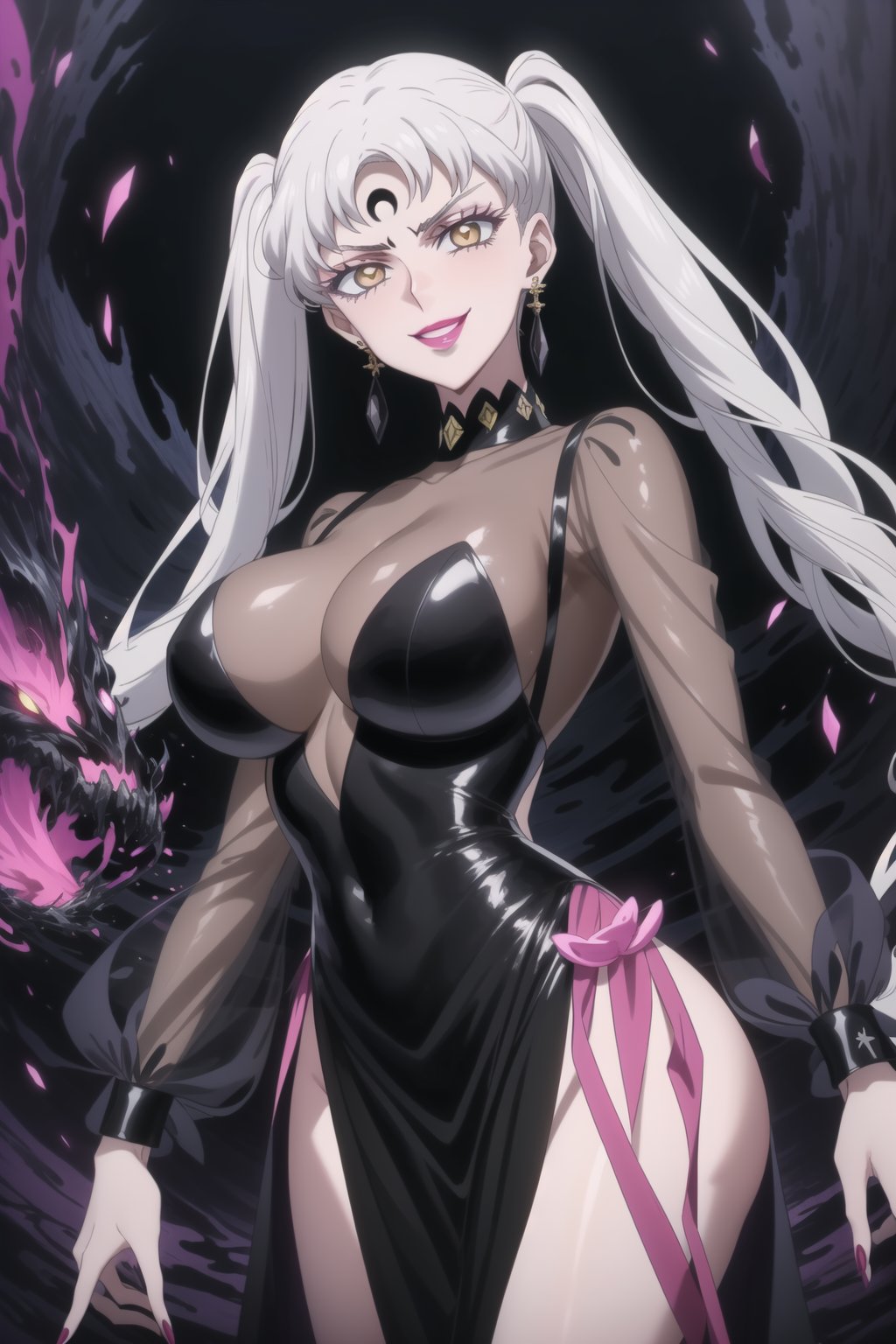 (best quality), (highly detailed), masterpiece, (official art), (noelle_silva,silver hair,twintails,bangs,jewelry), makeup, ((forehead mark, crescent facial mark, black crystal earrings)), aged up, evil smile, lips, lipstick, posing, anime coloring, ((black dress, long sleeves, see-through)), pink dress, side slit, A dark and mysterious female character inspired by the style of classic anime. She has an evil face with an evil smile, giving her an imposing and intimidating presence. The overall atmosphere is dark and mysterious, with a sense of power and control emanating from her posture.,