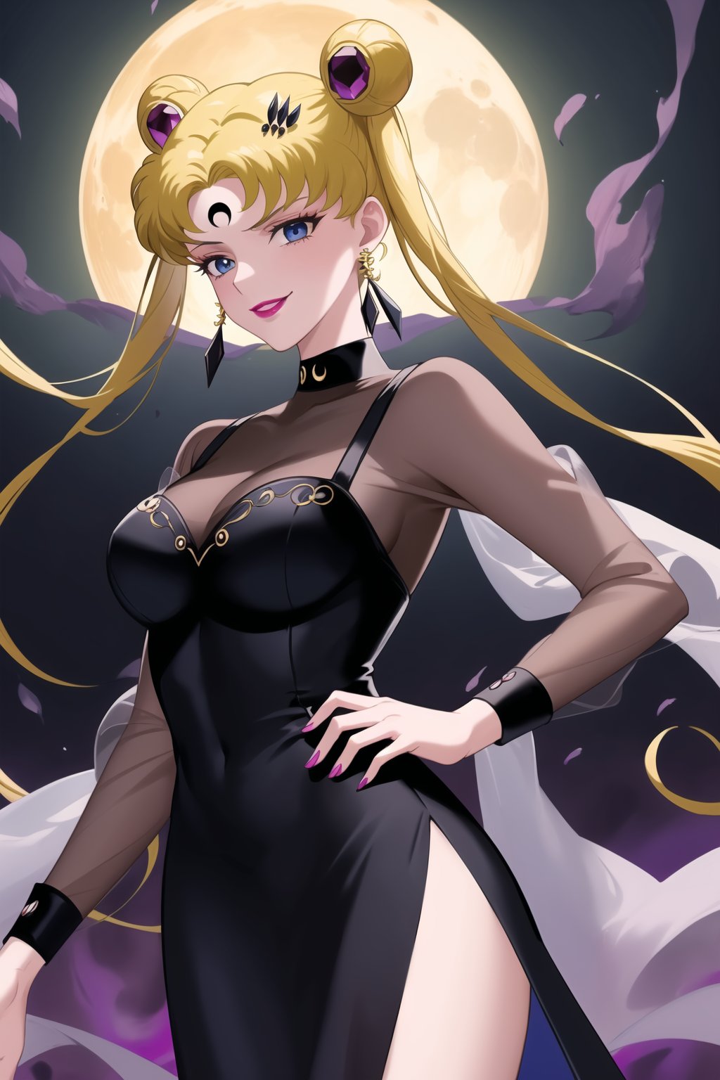 (best quality), (highly detailed), masterpiece, (official art),aausagi, double bun, twintails, parted bangs, hair ornament, blonde hair , makeup, ((black moon, forehead mark, crescent facial mark, black crystal earrings)), jewelry, aged up, evil smile, lips, lipstick, posing, anime coloring, choker, ((black dress, long sleeves, see-through)), pink dress, side slit, A dark and mysterious female character inspired by the style of classic anime. She has an evil face with an evil smile, giving her an imposing and intimidating presence. The overall atmosphere is dark and mysterious, with a sense of power and control emanating from her posture.,