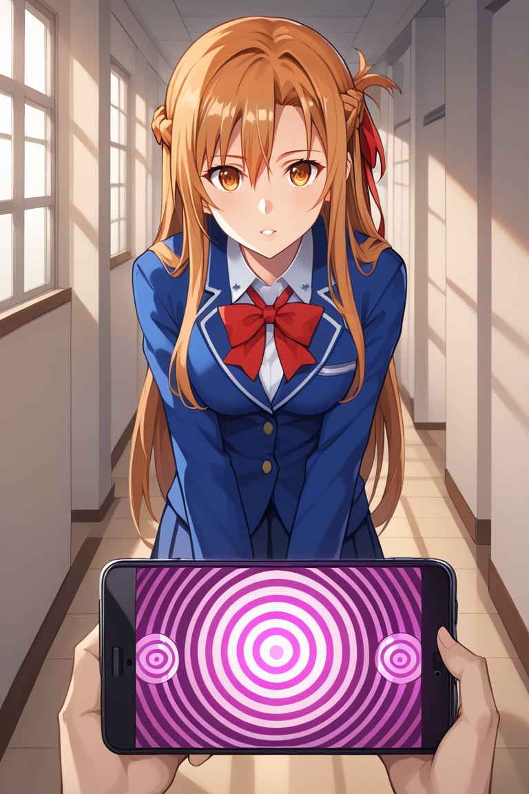 mind control, hypnosis, mind control app, hypnosis app, spiral, phone,1girl, solo, asuna yuuki,  long hair, french braid, orange hair, angry expression, furrowed brows, lips, open mouth, angry, 
,school uniform, standing in hallway, slight blush of frustration, hallway with background students looking over, bright afternoon sunlight, dramatic shadows on floor,b1mb0, looking_at_viewer, looking_at_viewer