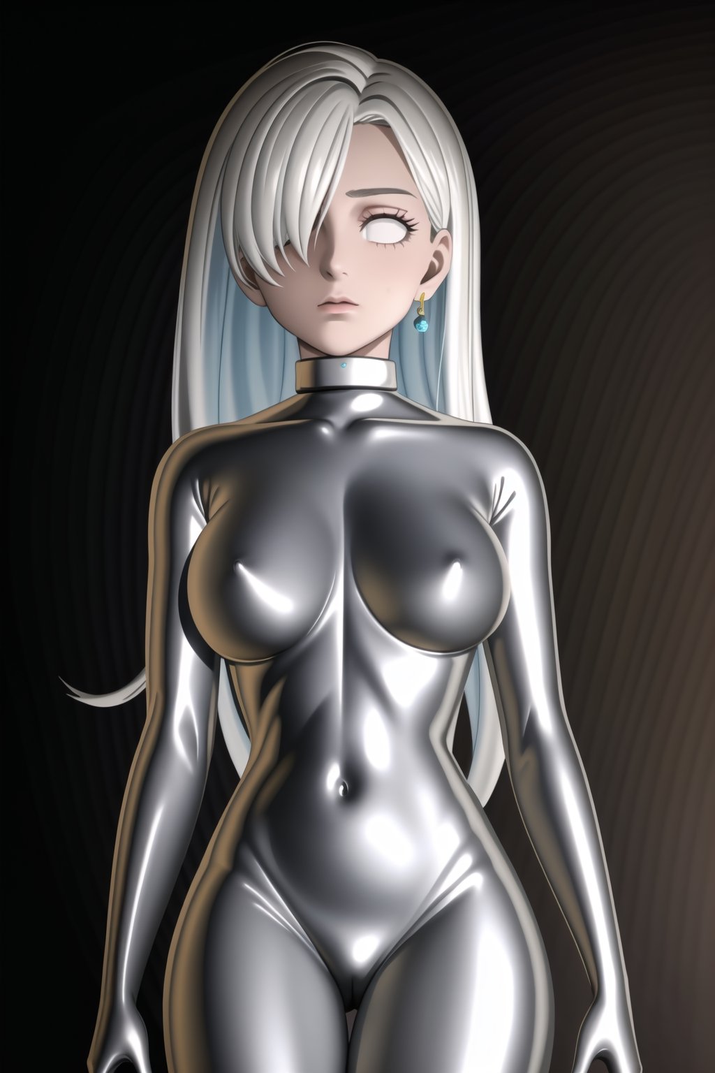(best quality), (highly detailed), masterpiece, (official art), makeup, elizabeth, long hair, blue eyes, white hair, hair over one eye, single earring,, closed mouth,(graybot:1.2), black bodysuit, (shiny body:1.2), (shiny clothes),latex bodysuit, large breast, looking at viewer,  ,graybot,(whiteeyes),((black background, simple background)),StandingAtAttention,,elizabeth,<lora:659111690174031528:1.0>