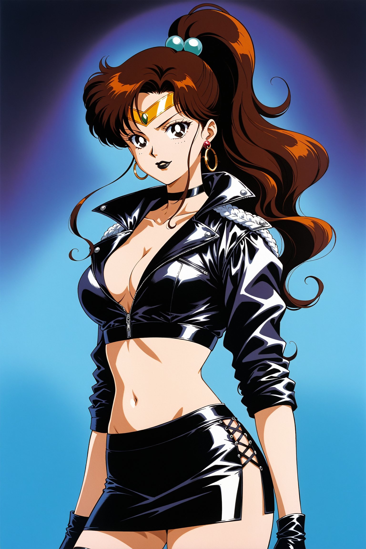 (masterpiece, best quality, very aesthetic, ultra detailed), lips, black lips:1.2, evil smile, evil, villain, corrupted, dark persona,intricate details, 4k, aajupiter, long hair, brown hair, ponytail, hair bobbles,, black gloves, black jacket:1.2, black skirt:1.2, breasts, cleavage, closed mouth, collarbone, cowboy shot, ((black crop top)), hoop earrings, fingerless gloves, gloves, highres, black leather jacket, jewelry, , medium breasts, midriff, miniskirt, navel, pencil skirt, skirt, solo, standing, stomach, striped, striped bow, thigh strap,((retro anime style, detailed retro anime)), tiara, black choker