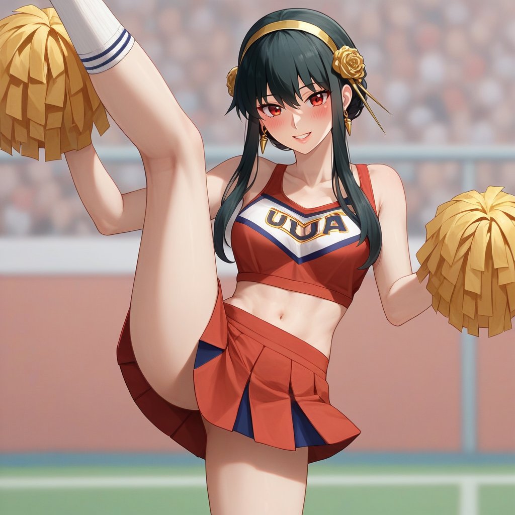 score_9, score_8_up, score_7_up, source_anime BREAK 1girl, solo, yor briar, black hair, short hair with long locks, bangs, red eyes,girl,cute face,clear skin,shiny hair,ultra detailed eyes  jyojifuku, cheerleader, pom pom \(cheerleading\),leg up, navel, skirt