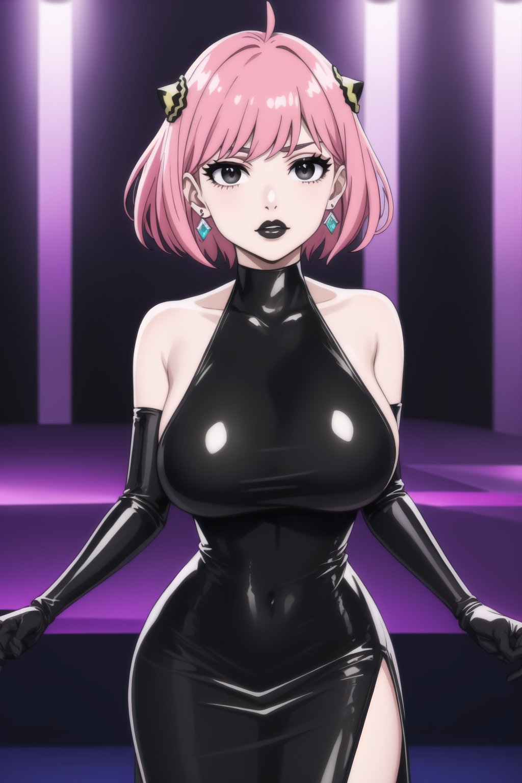 (best quality), (highly detailed), masterpiece, (official art),  ,anya forger:1.3,ahoge, hair ornament,( anya, hair ornament, pink hair, short hair),Earrings,   gem earring:1.2,black_earrings, lips:1.2, black lips:1.4, makeup:1.2, lipstick:1.2,  makeup, black eyes:1.2, ,black collar, black latex dress, black latex elbow gloves, crystal earrings, distant gaze, elbow gloves, female, female only, fetish wear, gloves, hand on butt, hand on knee, only, large breasts, latex, latex dress, latex elbow gloves, latex gloves, light-skinned female, light skin, long dress, solo, solo female,lips, cowboy shot, large breast, looking at viewer, (/nightclub scene, neon lights)), , club, (nigth club), ,hd quality, perfect face ,realistic, realistic body , perfect face sync,night club,StandingAtAttention,marinette,night club,b1mb0, dancing:1.2