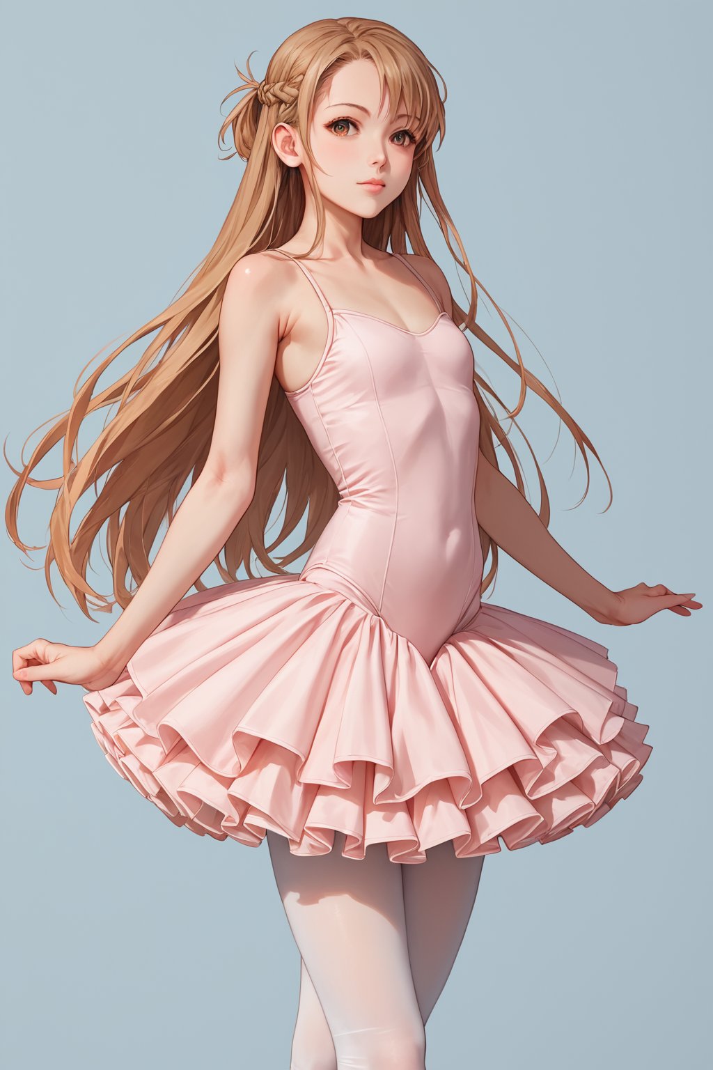 score_9, score_8_up, score_7_up,source_anime, high res image,masterpiece,best quality,girl,cowboy shot,cute face,simple background,  jyojifuku, ballerina, ballet,leotard, white pantyhose, tutu, asuna yuuki, long hair, french braid, orange ha