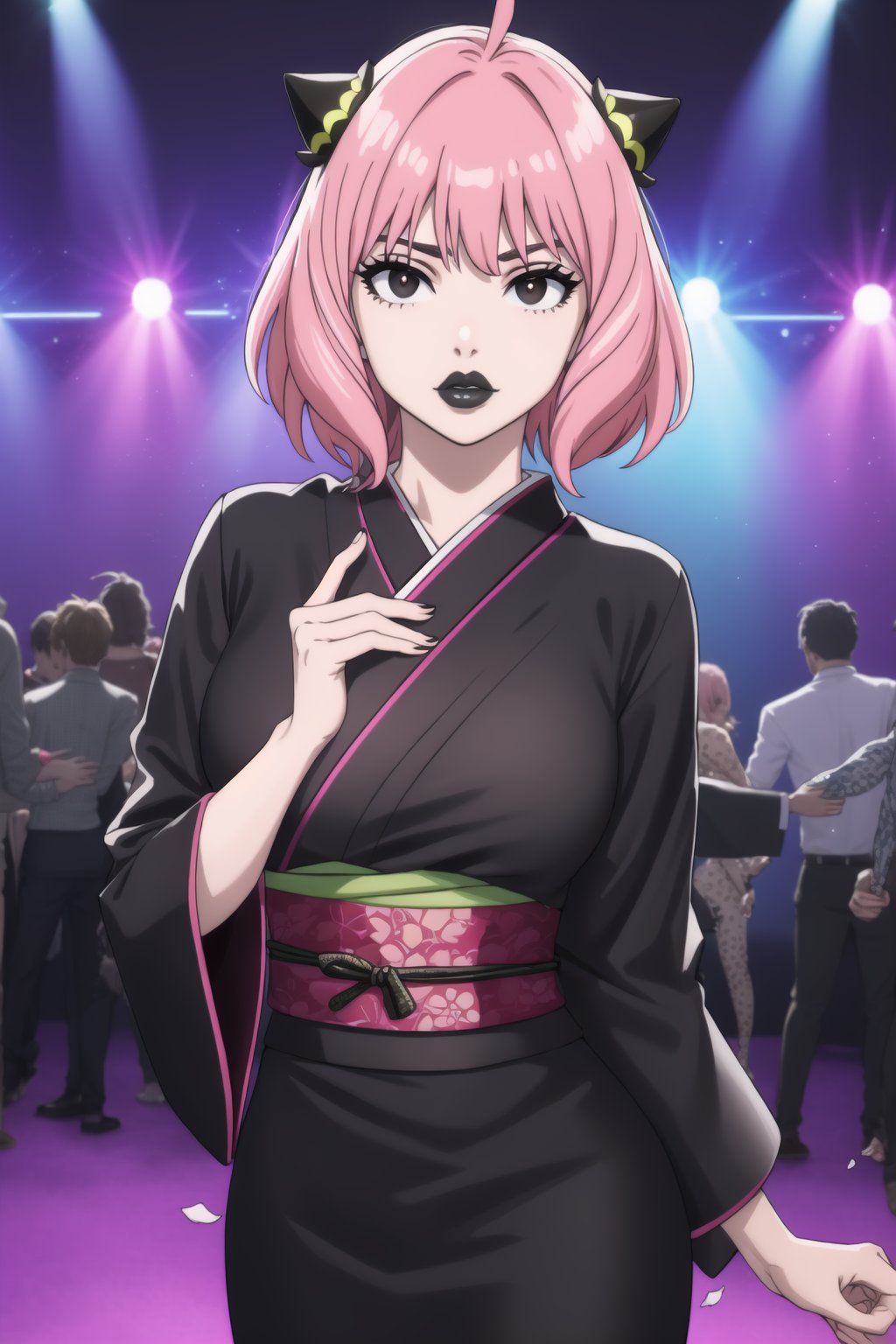 (best quality), (highly detailed), masterpiece, (official art),  ,anya forger:1.3,ahoge, hair ornament,( anya, hair ornament, pink hair, short hair), lips:1.2, black lips:1.4, makeup:1.2, lipstick:1.2,  makeup, black eyes:1.2,black kimono,obi, dance,hand fan,white confetti,, looking at viewer, (/nightclub scene, neon lights)), , club, (nigth club), ,hd quality, perfect face ,realistic, realistic body , perfect face sync,night club,StandingAtAttention,marinette,night club,b1mb0, dancing:1.2,