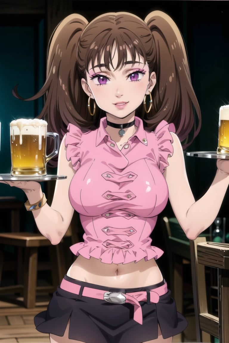 ((best quality)), ((highly detailed)), masterpiece, ((official art)),( diane, twintails), (multicolored hair:1.4), (gradient hair:1.3)  (seductive smile), (makeup:1.2), (choker:1.2), (hoop earrings),  (lips:1.3),  (seductive pose:1.2), bar, indoors holding tray, beer, beer mug, table, chair, large breasts, ((pink shirt:1.2)), navel, belt, (black skirt), miniskirt, (single thighhigh), intricately detailed, hyperdetailed, blurry background, depth of field, best quality, masterpiece, intricate details, tonemapping, sharp focus, hyper detailed, trending on Artstation, 1 girl, high res, official art 