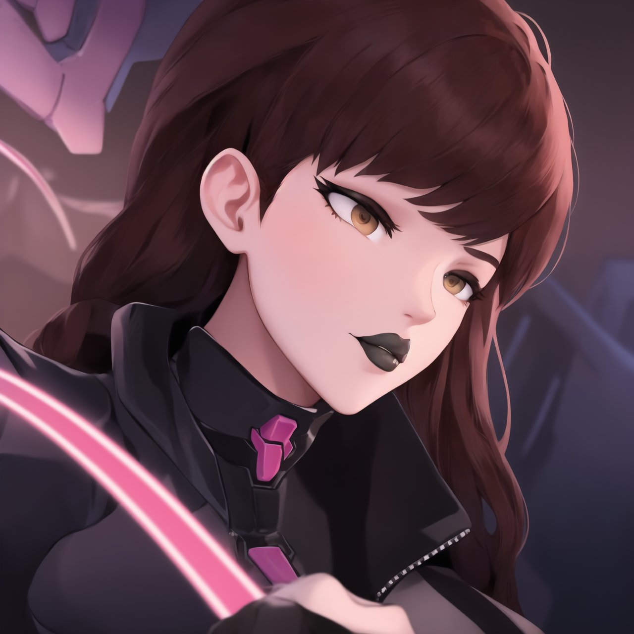 (best quality), (highly detailed), masterpiece, (official art),  dva, brown hair, messy hair, brown eyes, black lips:1.2, lips:1.3,cinematic illustration of D.Va (Hana Song) reimagined as a deadly assassin for Talon. She wears a sleek, form-fitting black and red tactical suit, designed for stealth and combat. The suit is accented with red, glowing lines and Talon’s emblem, highlighting her allegiance. Her expression is cold and determined, metallic black suit with glowing red circuits and a visor replacing her sunglasses. Her black lips contrast with the bright red emblem ,hd quality, perfect face ,realistic, realistic body , perfect face sync,,b1mb0, 