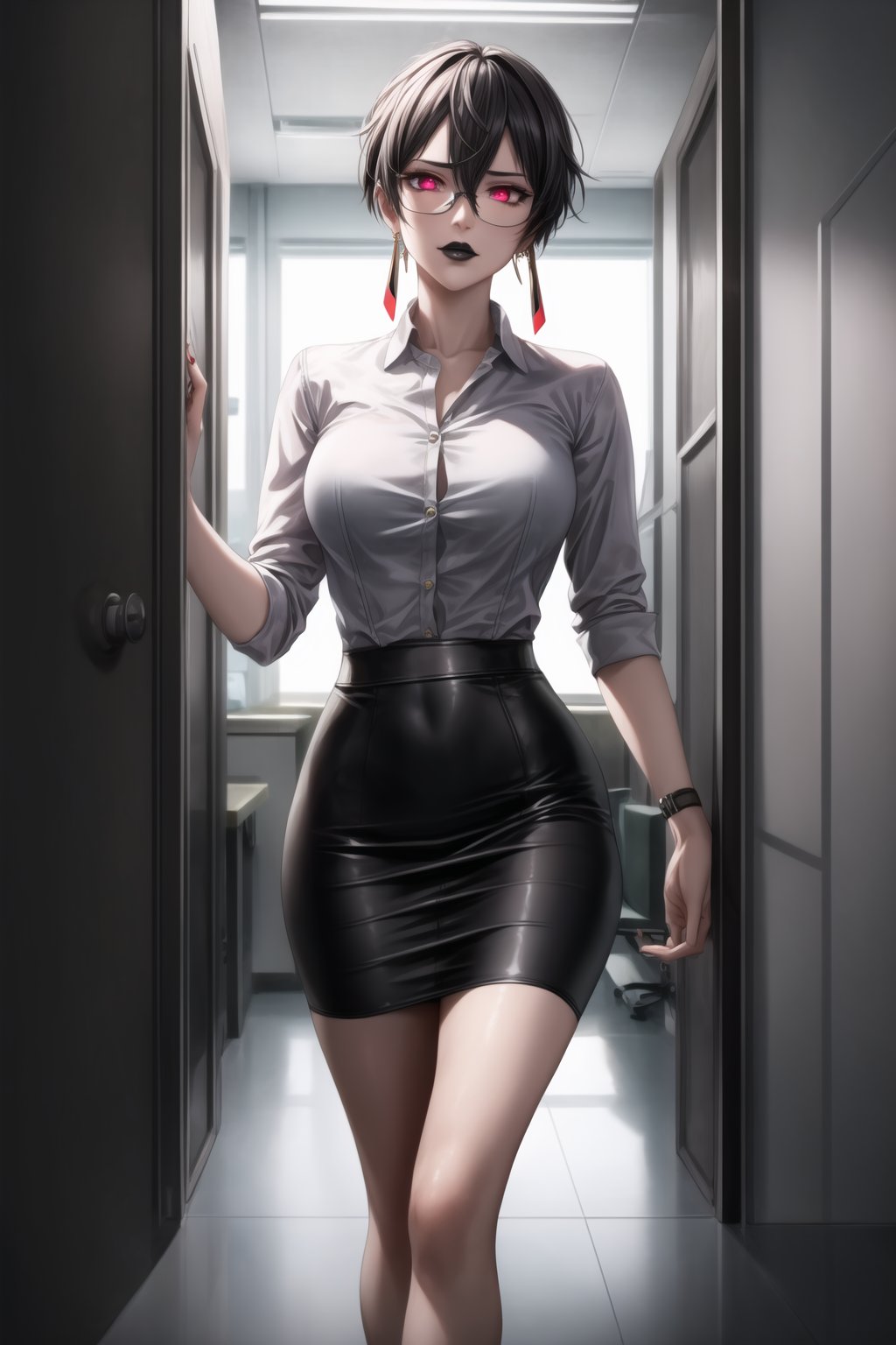 ((Best quality)), masterpiece, realistic illustration of a villainous shino asada, with black hair, hair between eyes, hair ribbon, short hair, sidelocks, and glasses. She has glowing pink eyes and red eyes, wearing a white shirt and a black leather pencil skirt, with hoop earrings and black lipstick. She stands in an office, with neon city lights casting dramatic shadows through the windows, creating an atmospheric lighting. 
The cityscape outside is detailed, with glowing signs and bustling streets. Her fierce and intense gaze, combined with the sleek design of her outfit, gives her a professional yet villainous twist. The scene is ultra-realistic, cinematic, with octane render and photo-realistic details, capturing the essence of hyper realism.