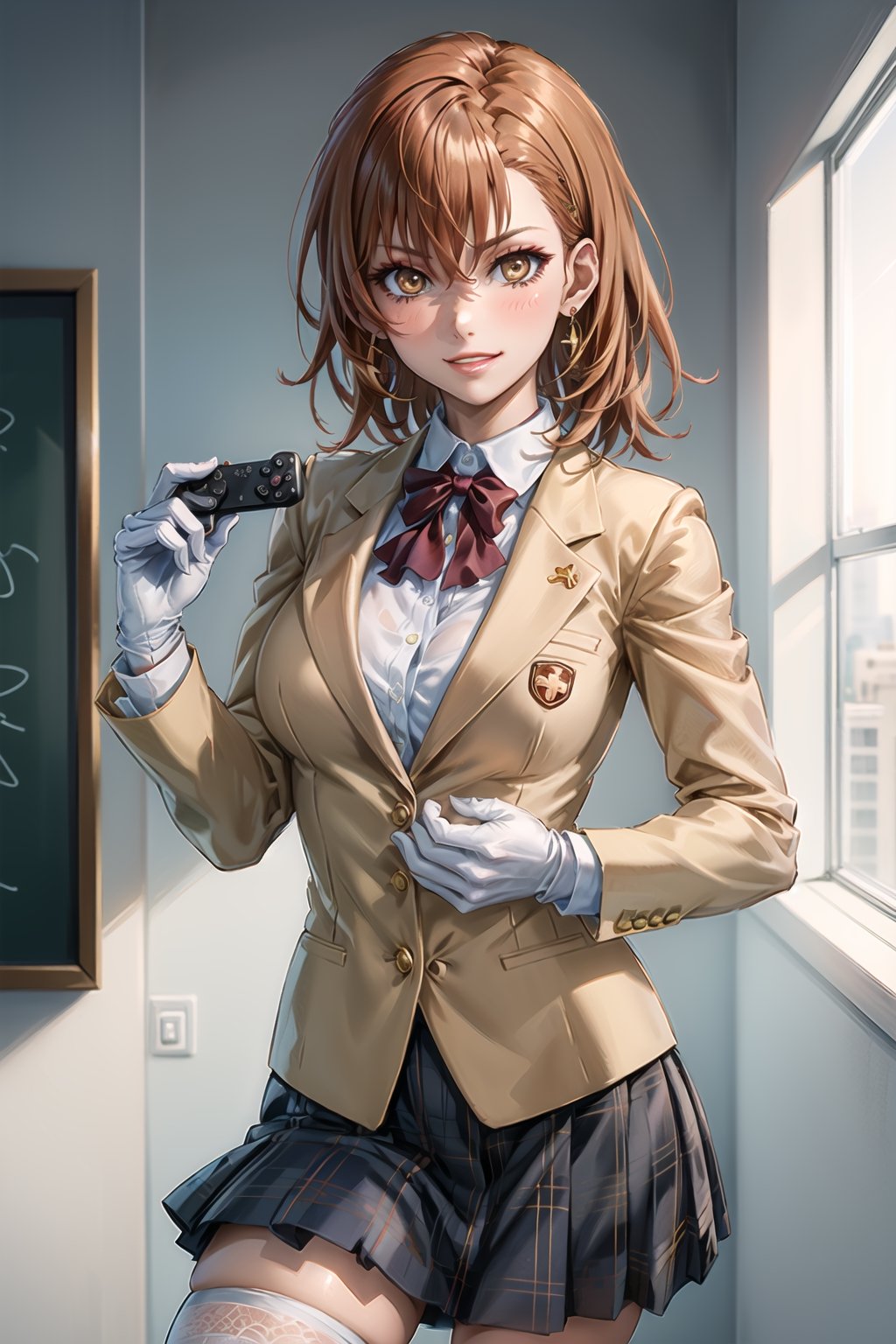 ((best quality)),  ((highly detailed)),  masterpiece,1girl, controller holding_controller ,(large breasts), tokiwadai school uniform, red bow, white shirt, collared shirt, blazer, white gloves, long sleeves, plaid skirt, white thighhighs ,1girl, lips:1.4, makeup:1.4, seductive smile, ((gyaru)) ,jewelry, blush, earrings, looking at viewer, standing, cowboy shot, red hair, school, short hair, aamikoto, hair flower,hmmisaki