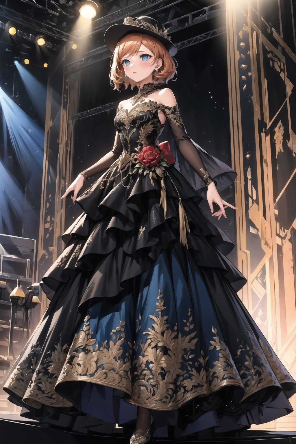 ((best quality)),  ((highly detailed)),  masterpiece,  ((official art)),  serena, 1girl, solo, orange hair, blue eyes, blonde hair, short hair, hat, red headwear, wrenchelegadome, black dress, layered dress, long dress, stage, stage lights, spotlight, concert, audience,  standing , blush