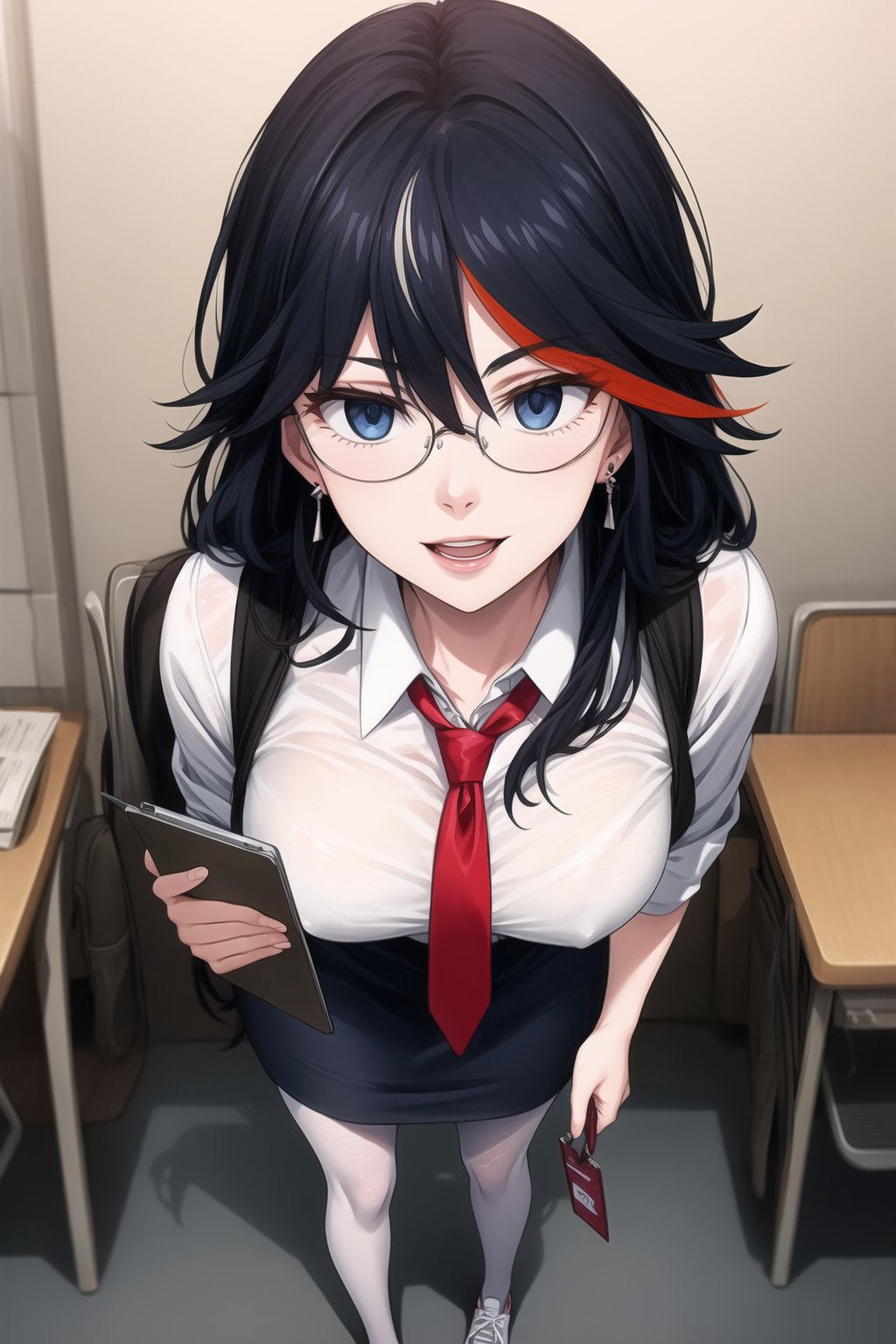 A close-up shot of Ryuuko Matoi, long hair:1.2, the SKS Office Lady, stands expressionless with empty eyes, her lips subtly parted as if in a state of subtle hypnosis. glasses, skirt, pantyhose, earrings, multicolored hair, blue eyes, pencil skirt, adjusting eyewear, black hair, blue skirt, chalkboard, open mouth, teacher, paper, necktie, jewelry, red-framed eyewear, bespectacled, long hair, red hair, two-tone hair, white legwear, semi-rimless eyewear, under-rim eyewear, shoes, standing, desk, blue footwear, office lady, smile, lanyard, streaked hair, clipboard,  shirt. In formal attire, she exudes professionalism.