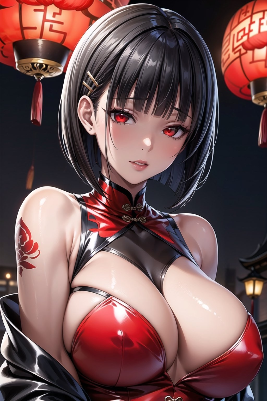 (best quality), (highly detailed), masterpiece, (official art),(suguha, short hair, black hair, bob cut, hairclip, hair ornament, blunt bangs),,red lips, lips:1.3, huge brest, makeup:1.4,(((black hair, wavy hair, red dress, red eyes,red china dress))), ((bare shoulder,sleeveless,latex,bodysuit)),,looking at viewer, china, asiática, city, night, sky, (intricately detailed, hyperdetailed), blurry background,depth of field, best quality, masterpiece, intricate details, tonemapping, sharp focus, hyper detailed, trending on Artstation,1 girl, high res, official art,chinese dress,tattoos
