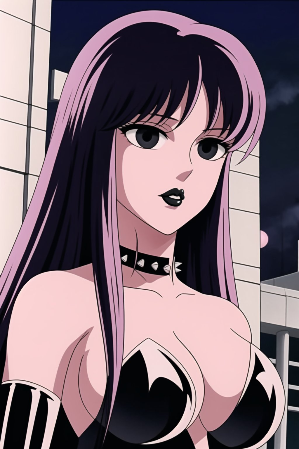 ((best quality)),  ((highly detailed)),  masterpiece,  ((official art)),(Saori Kido, Saori, long hair, black hair:1.3),((black eyes, empty eyes,expressionless,hypnosis)),(((white skin))) ,((makeup,lipstick, black lips:1.2)),absurdres, (spiked collar:1.2),  coyboy shot:1.3, thighhighs, lips,  blush,  (black latex:1.3),  black dress:1.2,  miniskirt  ((bodyconf)),  bare shoulders,  (( strapless)),  large breast,  looking at viewer,  street,  city,  nigth,  moon,  club,  (nigth club),  , hd quality,  perfect face , realistic,  realistic body,  perfect face sync,  , b1mb0,,,black lips,Saori Kido,