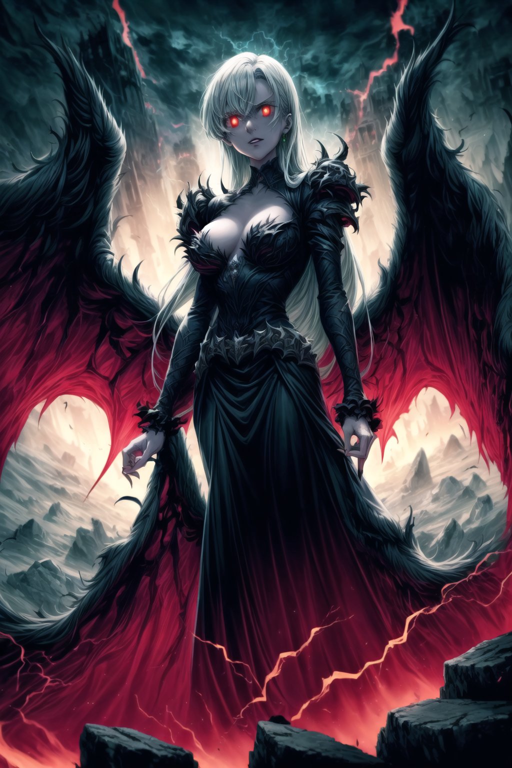 Elizabeth, black hair, lips, ruler of hell, black wings,darkness wings,wings,demon wings,stands as a malevolent dictator, her long hair flowing like darkness itself, gradient from white to dark, framing her cold gaze. Her elaborate gown, adorned with sinister symbols and glowing red accents, reflects her dominance and cruelty. The background features a hellish landscape: rivers of lava, jagged rocks, tormented souls, and dark clouds with lightning. Eerie, red and black glows illuminate the scene, capturing the dark and oppressive atmosphere of her dominion.