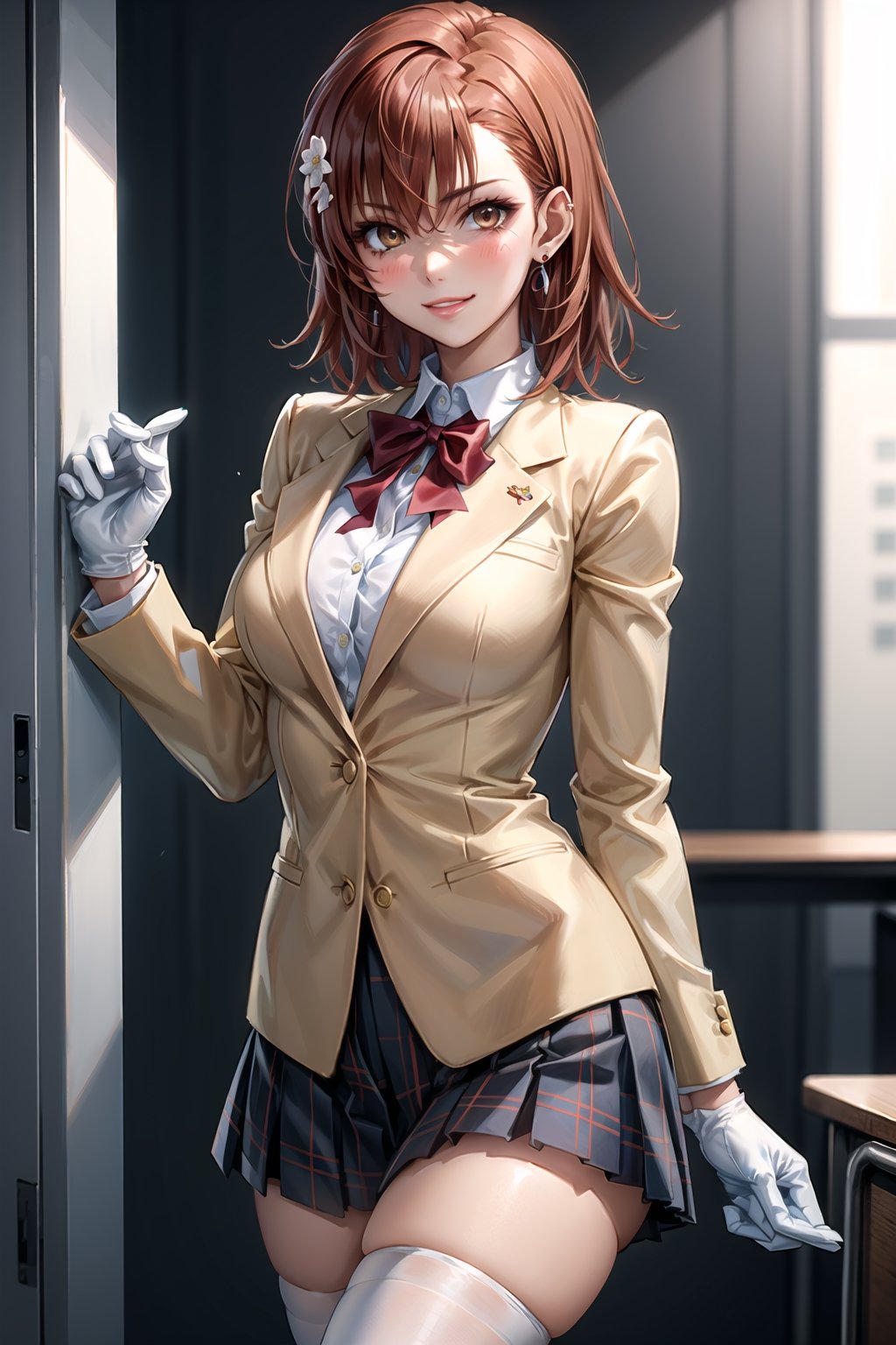 ((best quality)),  ((highly detailed)),  masterpiece,1girl, large breasts, tokiwadai school uniform, red bow, white shirt, collared shirt, blazer, white gloves, long sleeves, plaid skirt, white thighhighs ,1girl, lips:1.2, seductive smile, gyaru ,jewelry, blush, earrings, looking at viewer, standing, cowboy shot, red hair, school, short hair, aamikoto, hair flower