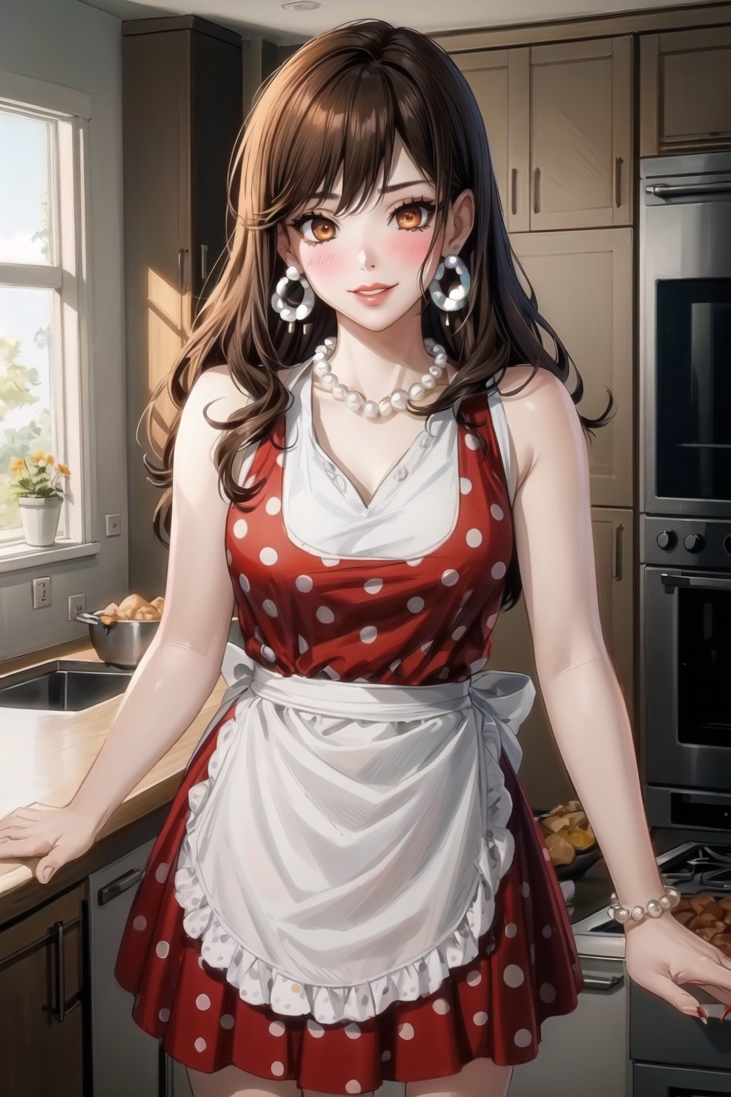 ((best quality)),  ((highly detailed)),  masterpiece,1girl, 1girl,  evil smile:1.2, smug, seductive smile, solo,   (Stepford),lips, makeup, lipstick,red lips, (pose:1.3),(polka dot:1.4), (polka dot dress:1.4),(pearl necklace:1.2), pearl bracelet, bare shoulders,(red dress:1.2),(aroused), blush ,standing,  (large pearl necklace), (hoop earrings:1.2),  (apron), blush,, looking at viewer, standing, cowboy shot, fingernails, kitchen, cooking, indoors, house, windows, cortain, food, hori kyouko, brown hair, orange eyes