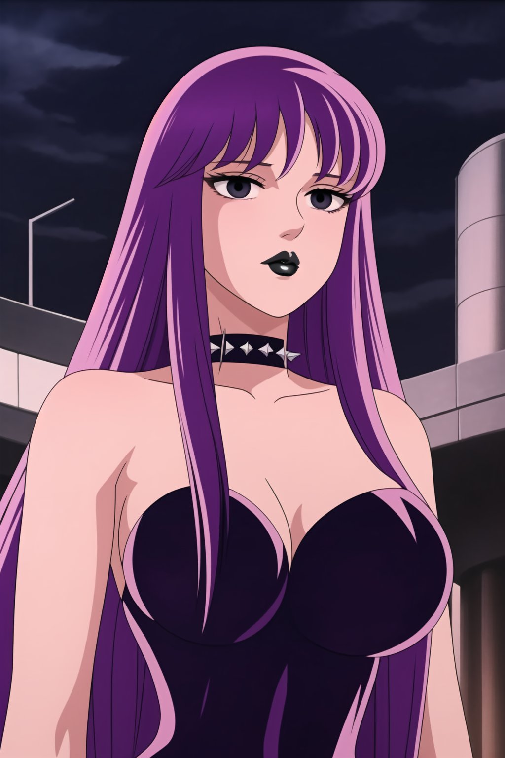 ((best quality)),  ((highly detailed)),  masterpiece,  ((official art)),(Saori Kido, Saori, long hair, purple hair),((black eyes, empty eyes,expressionless,hypnosis)),(((white skin))) ,((makeup,lipstick, black lips:1.2)),absurdres, (spiked collar:1.2), coyboy shot:1.3, thighhighs, lips,  blush,  (black latex:1.3),  black dress:1.2,  miniskirt  ((bodyconf)),  bare shoulders,  (( strapless)),  large breast,  looking at viewer,  street,  city,  nigth,  moon,  club,  (nigth club),  , hd quality,  perfect face , realistic,  realistic body,  perfect face sync,  , b1mb0,,,black lips,Saori Kido