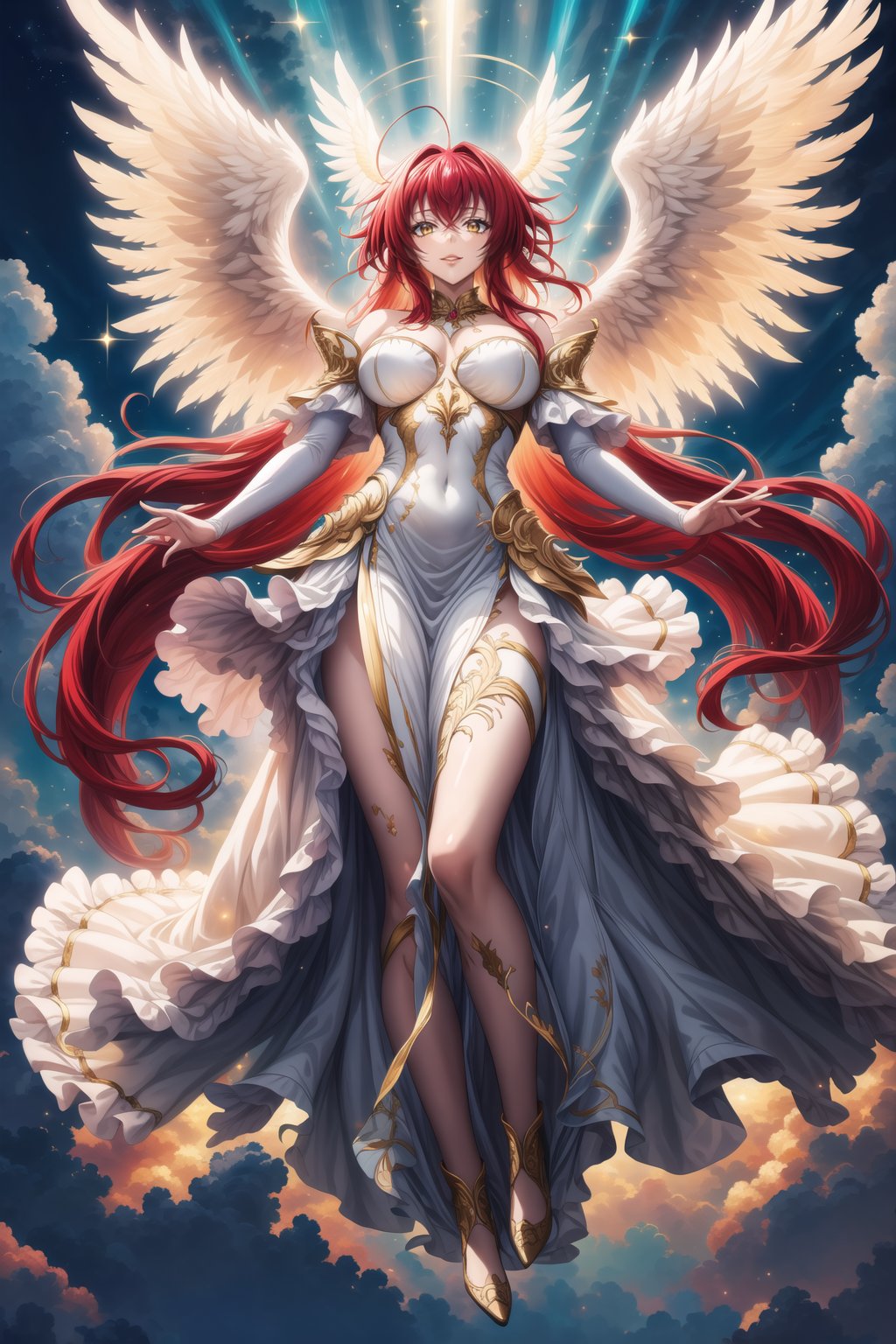 (best quality), (highly detailed), masterpiece, (official art), Rias Gremory as a serene angel, lips smile, with long flowing red hair and a delicate ahoge, luminous white wings spread wide behind her. She is wearing a simple, elegant white gown that flows gracefully around her, softly billowing as she floats in the sky. Rias stands with her arms gracefully open, as if welcoming you with a serene and benevolent presence, her yellow eyes. Rays of divine light shine down from the heavens, illuminating her figure, while she hovers among soft, glowing clouds. The sky is a serene blend of soft pastels, with golden rays breaking through, creating a heavenly and peaceful atmosphere. Her wings emit a gentle, ethereal light, adding to her angelic presence.