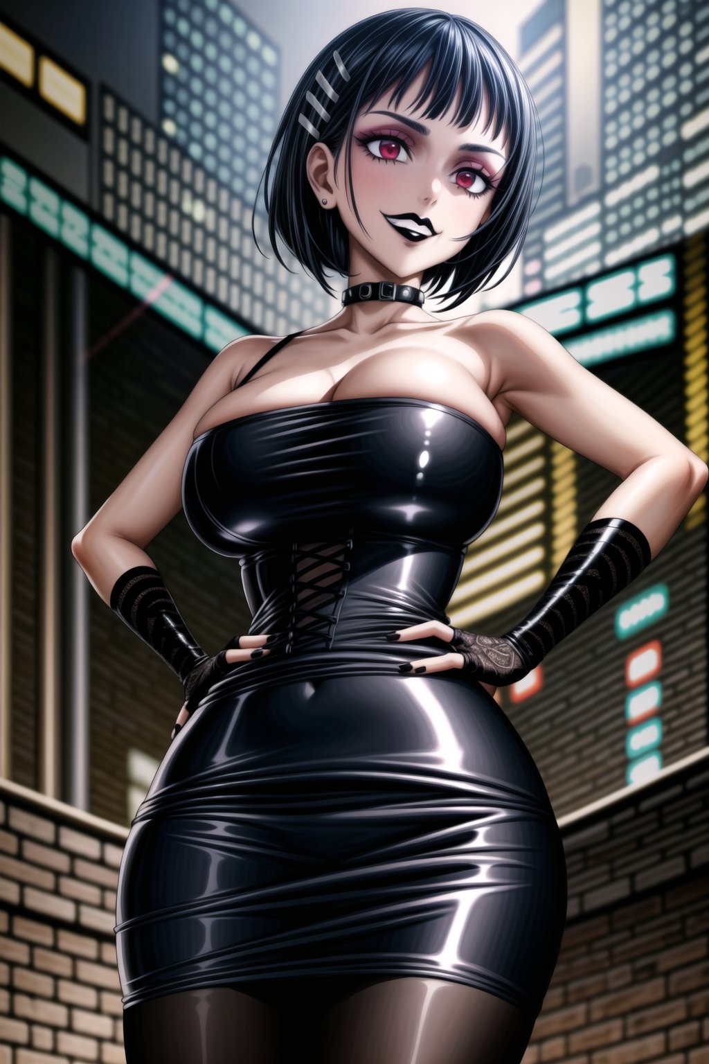 ((best quality)),  ((highly detailed)),  masterpiece,(Black lips:1.4),  ((official art)),  detailed face,  beautiful face, narrow_waist:1.3 , (intricate Black dress:1.4),(detailed eyes,  deep eyes),(science fiction, cyberpunk:1.3, street, shopping, dark background),((smirk, grin, naughty face, seductive smile, smug, arm behind head, hand_on_own_hip, head_tilt)),, ,cowboy shot,(lips), ,kirigaya suguha, blunt bangs, short bangs, black hair:1.3, short hair, hair ornament, hairclip,(red eyes),  cross-laced clothes, (spiked bracelet), corset:1.4,chinese dress:1.2, hoop earring, curvaceous, voluptuous body, (makeup:1.3) (lips:1.3), (latex),  (black tube top:1.2), gloves, fingerless gloves, skirt, black choker, belt, pencil skirt, pantyhose, miniskirt, (black skirt), black gloves, black legwear, black choker, Black nails,large breasts, conspicuous elegance, snobby, upper class elitist, possesses an arroaant charm. her Dresence commands attention and enw, (intricately detailed, hyperdetailed), blurry background, depth of field, best quality, masterpiece, intricate details, tonemapping, sharp focus, hyper detailed, trending on Artstation, 1 girl, solo, high res, official art,RockOfSuccubus,<lora:659111690174031528:1.0>