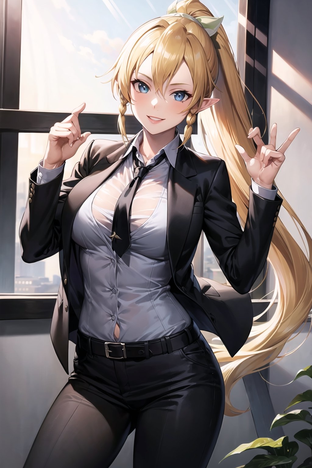 (best quality), (highly detailed), masterpiece, (official art), leafa, pointy ears, long hair, ponytail, braid, blonde hair, lips, smile, necktie,pose,  black jacket,(black suit), open suit,  open jacket,long sleeves, shirt tucked in,looking at viewer, shirt, black necktie, white shirt, medium breasts,window, formal, office lady,pants, black pants, black belt, business suit, suit,  (intricately detailed, hyperdetailed), blurry background,depth of field, best quality, masterpiece, intricate details, tonemapping, sharp focus, hyper detailed, trending on Artstation,1 girl, solo,high res,official art