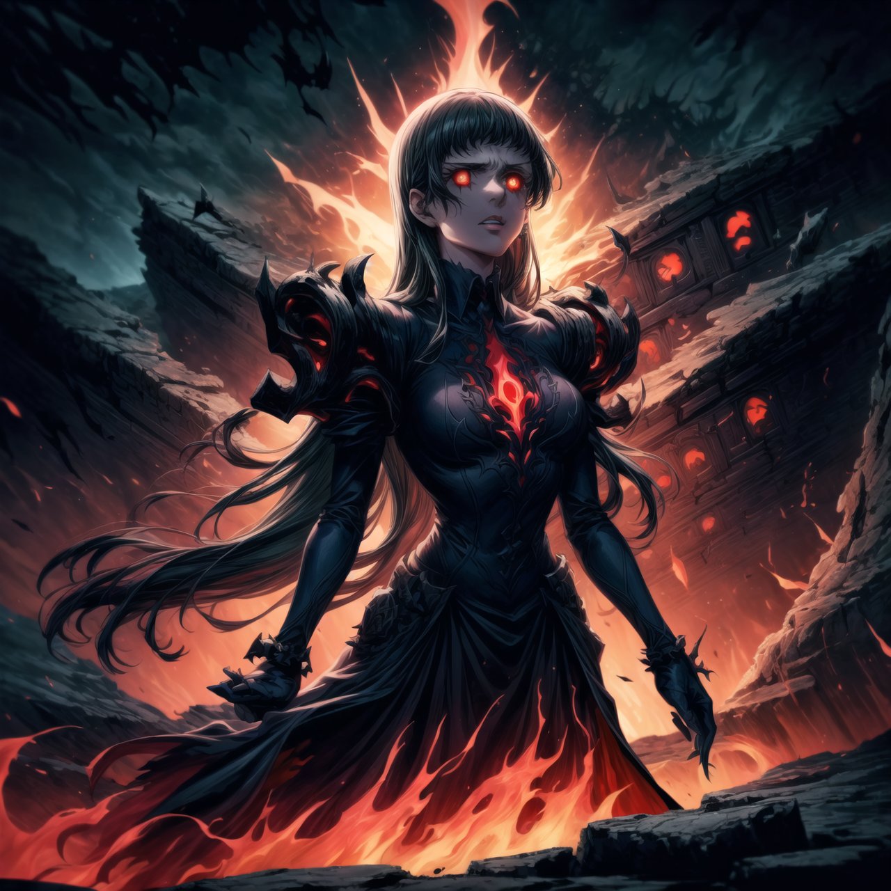 Elizabeth, black hair, lips, ruler of hell, stands as a malevolent dictator, her long hair flowing like darkness itself, gradient from white to dark, framing her cold gaze. Her elaborate gown, adorned with sinister symbols and glowing red accents, reflects her dominance and cruelty. The background features a hellish landscape: rivers of lava, jagged rocks, tormented souls, and dark clouds with lightning. Eerie, red and black glows illuminate the scene, capturing the dark and oppressive atmosphere of her dominion.