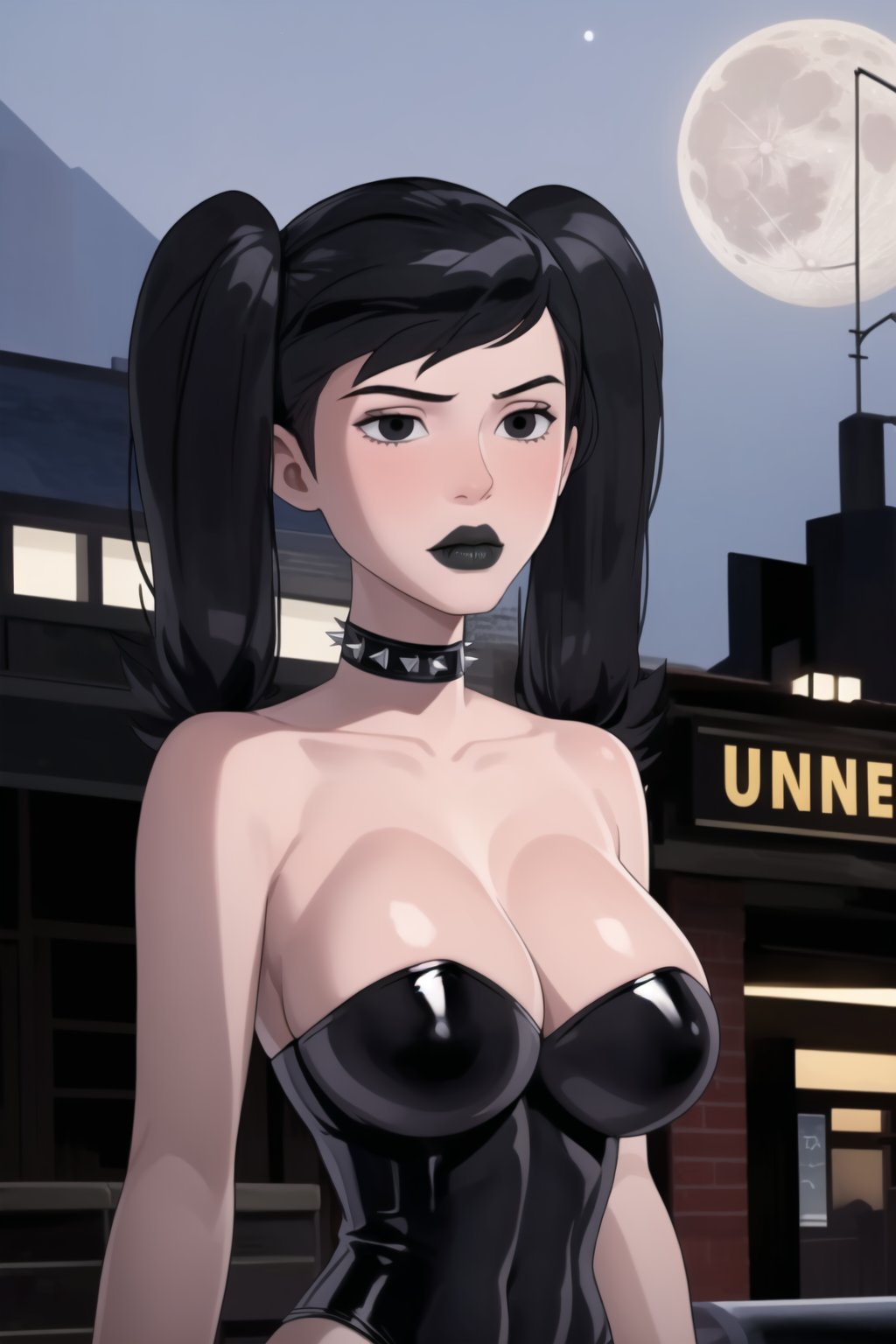 ((best quality)),  ((highly detailed)),  masterpiece,  ((official art)),(gwentennyson, (((twintails))), black hair:1.3),((black eyes, empty eyes,expressionless,hypnosis)), ((makeup,lipstick, black lips:1.2)),absurdres, (spiked collar:1.2),  dutch angle, coyboy shot, lips,  blush,  (black latex:1.3),  black dress:1.2,  miniskirt  ((bodyconf)),  bare shoulders,  ((tube top, navel, strapless)),  large breast,  looking at viewer,  street,  city,  nigth,  moon,  club,  (nigth club),  , hd quality,  perfect face , realistic,  realistic body,  perfect face sync,  , b1mb0,,,black lips