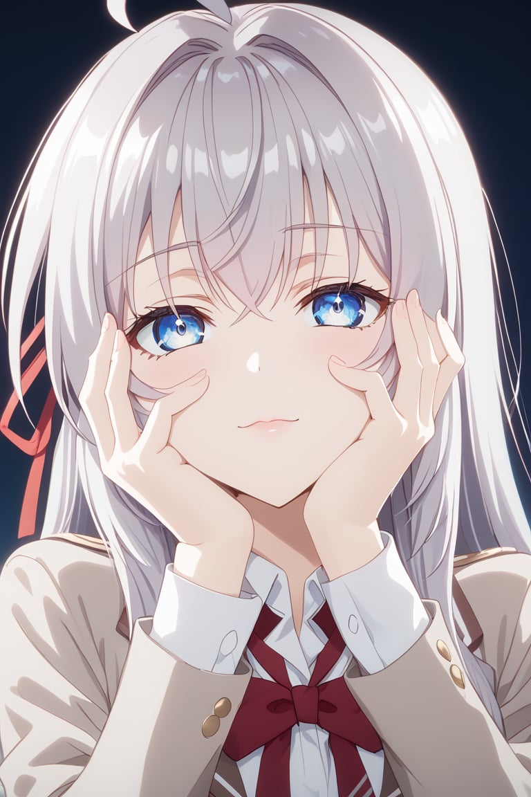  score_9, score_8_up, score_7_up,intricate details,alisa mikhailovna kujou,blue eyes,hair ribbon,grey hair,ahoge,red ribbon, bangs, long hair,  expressive eyes, perfect face, hands on own cheeks, hands on own face, yandere, yandere trance, thighhighs, school_uniform,