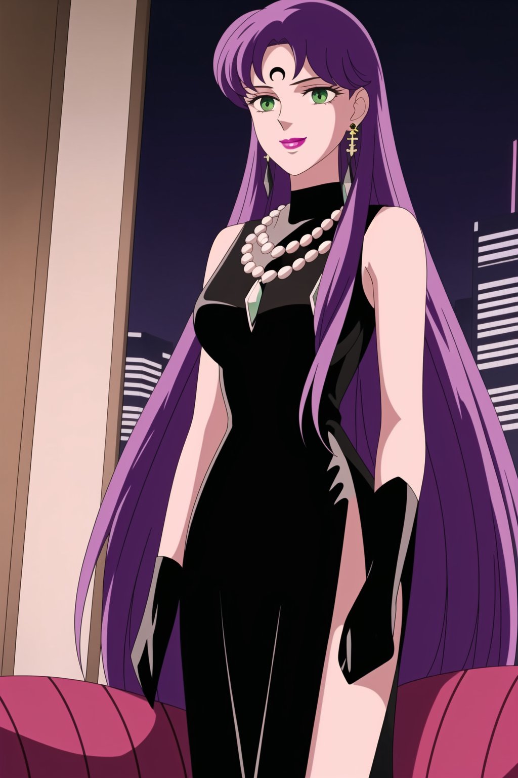 (best quality), (highly detailed), masterpiece, (official art),Saori Kido, long purple hair. bangs, lips, smile, lipstick, makeup,
((Forehead mark, crescent facial mark, black crystal earrings, jewelry)).  Dark  dress, black latex, black sleeveless dress, turtleneck_dress, short dress, elbow gloves, green gloves, thighhighs, large necklace, ((gemstone necklace:1.2)), standing,
Modern luxury lounge with dim lighting, featuring sleek black leather sofas, glass tables, and soft ambient lighting from wall sconces. A large window in the background reveals a city skyline at night, adding a touch of sophistication to the scene