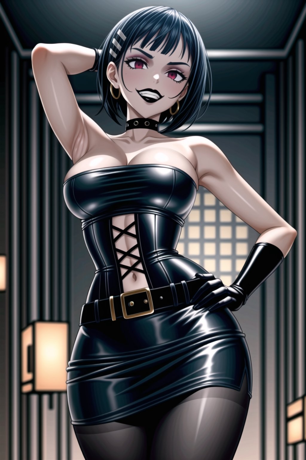 ((best quality)),  ((highly detailed)),  masterpiece,(Black lips:1.4),  ((official art)),  detailed face,  beautiful face, narrow_waist:1.3 , (intricate Black dress:1.4),(detailed eyes,  deep eyes),((extended_arm, presenting_gift, gift_giving, front_view, gesture)),(science fiction, cyberpunk:1.2, street, shopping, dark background),((smirk, grin, naughty face, seductive smile, smug, arm behind head, hand_on_own_hip, head_tilt)),, ,cowboy shot,(lips), ,kirigaya suguha, blunt bangs, short bangs, black hair:1.3, short hair, hair ornament, hairclip,(red eyes),  cross-laced clothes, (spiked bracelet), corset:1.4,chinese dress:1.2, hoop earring, curvaceous, voluptuous body, (makeup:1.3) (lips:1.3), (latex),  (black tube top:1.2), gloves, fingerless gloves, skirt, black choker, belt, pencil skirt, pantyhose, miniskirt, (black skirt), black gloves, black legwear, black choker, Black nails,large breasts, conspicuous elegance, snobby, upper class elitist, possesses an arroaant charm. her Dresence commands attention and enw, (intricately detailed, hyperdetailed), blurry background, depth of field, best quality, masterpiece, intricate details, tonemapping, sharp focus, hyper detailed, trending on Artstation, 1 girl, solo, high res, official art,RockOfSuccubus,<lora:659111690174031528:1.0>