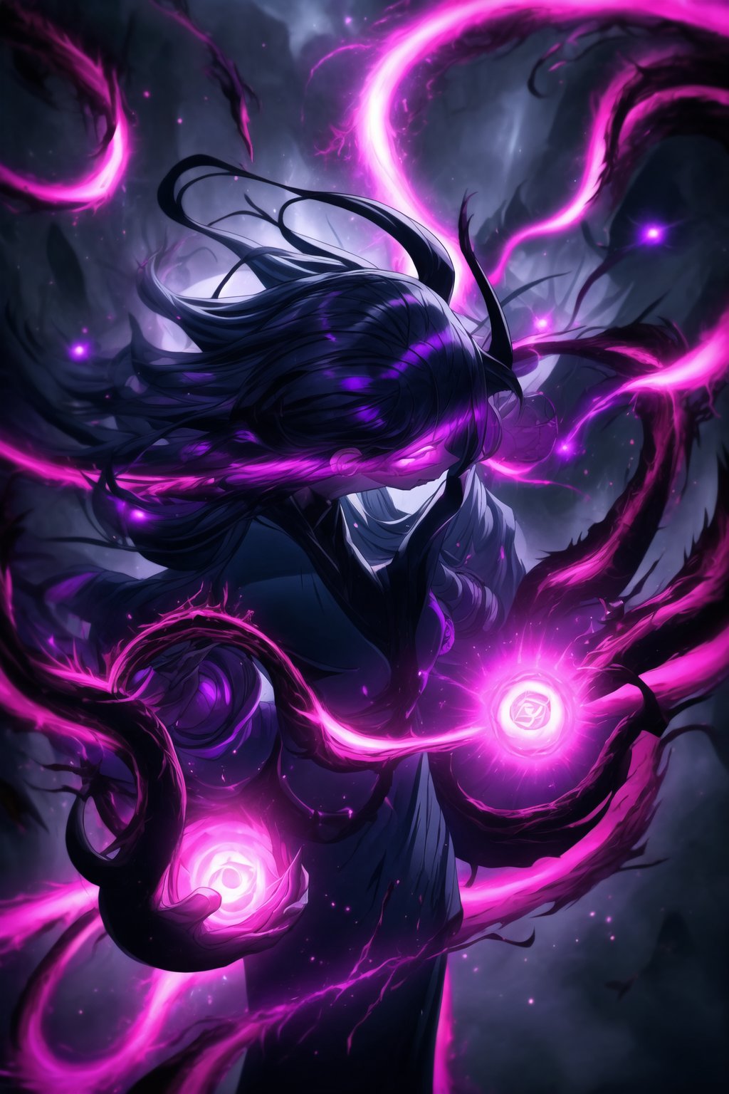 "Dark Sorceress gwentennyson Forbidden Power":
((gwentennyson, long red hair)), now twisted by dark magic, stands menacingly in her corrupted form. Her once-vibrant violet mage attire has transformed into a shadowy, tattered robe, pulsating with forbidden runes and dark flames. Her eyes glow with an ominous purple hue, and her expression is one of cruel dominance. In one hand, she clutches a cursed, blackened grimoire with glowing violet symbols that pulse with dark energy. Her other hand conjures an ominous ball of dark magic, swirling with shadowy tendrils and streaks of purple lightning.
The background is a dark, shattered void, filled with jagged cracks that leak sinister energy. Magic circles of forbidden glyphs spin around her, their deep purples and blacks contrasting against the darkened backdrop. Glistening, arcane chains twist and writhe in the air, like serpents of shadow, while forbidden runes and sigils shimmer in the darkness. Faint whispers of tortured souls emanate from the chaotic magical storm surrounding her. Streaks of corrupted purple flames and black smoke rise from the ground, engulfing the entire scene in a sense of forbidden power. Sharp, electric effects and glowing dark orbs hover in the air, as Gwendolyn channels the full force of her dark sorcery. The entire image glows with an eerie, shadowy light, casting deep, high-contrast shadows, and creating a menacing, oppressive atmosphere.,