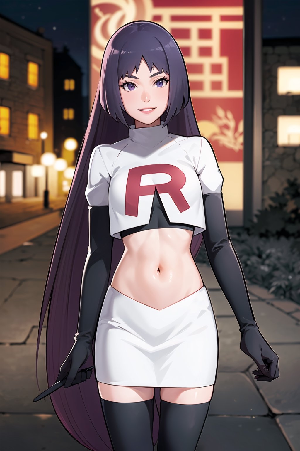 (best quality), (highly detailed), masterpiece, (official art),sumire kakei, posing, lips, smile, ((long hair)), Team Rocket, cropped jacket, white jacket, crop top, jacket, gloves, black gloves, elbow gloves, navel, midriff, white skirt, miniskirt, skirt, thighhighs,, looking at viewer, china, asiática, city, night, sky, (intricately detailed, hyperdetailed), blurry background,depth of field, best quality, masterpiece, intricate details, tonemapping, sharp focus, hyper detailed, trending on Artstation,1 girl, high res, official art