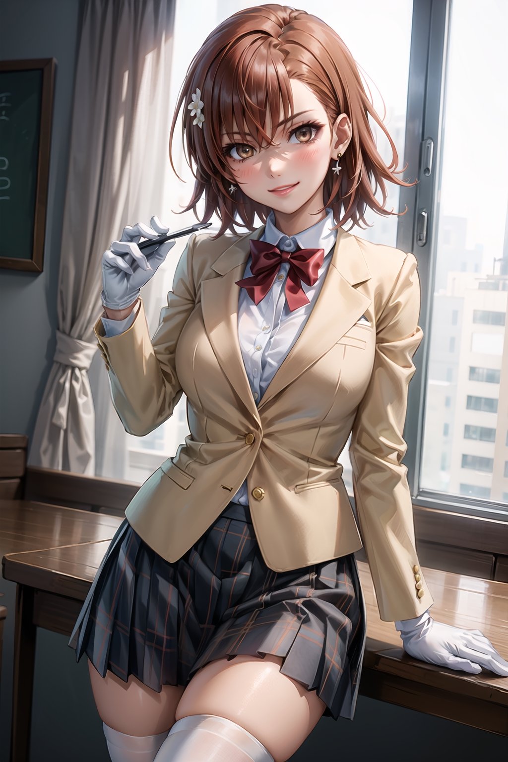 ((best quality)),  ((highly detailed)),  masterpiece,1girl, large breasts, tokiwadai school uniform, red bow, white shirt, collared shirt, blazer, white gloves, long sleeves, plaid skirt, white thighhighs ,1girl, lips:1.2, seductive smile, gyaru ,jewelry, blush, earrings, looking at viewer, standing, cowboy shot, red hair, school, short hair, aamikoto, hair flower