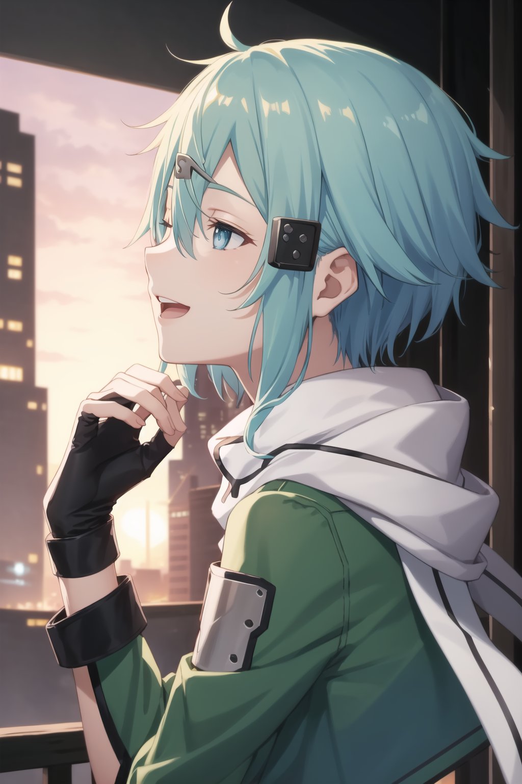 (best quality), (highly detailed), masterpiece, (official art), ((sinon1, cyberpunk, hair ornament, hairclip)), 1girl, upper body, bangs, blue eyes, blue hair, blurry, blurry background, fingerless gloves, green jacket, hair between eyes, hair ornament, hairclip, highres, jacket, long sleeves, outdoors, scarf, short hair, short hair with long locks, sidelocks, sinon, solo, sunset, sword art online, turning head:1.2,(( looking sides, closed partially eyes)), blue eyes, smiling, open mouth