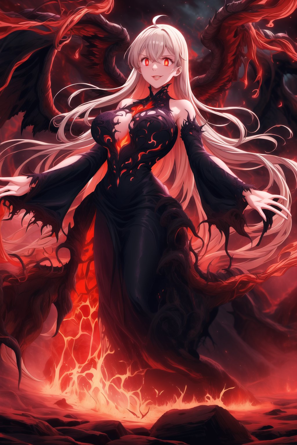 A masterpiece of dark fantasy: elizabeth, malevolent demon, lips curled into an evil smile, long flowing white hair cascading down her back like a fiery waterfall. Her delicate ahoge and intricate black gown billow softly as she floats amidst hell's fiery depths. Black wings spread wide behind her, emitting a darkness-infused light that adds to her ominous presence. Red eyes gleam with malevolent intent as she stands poised, arms outstretched in a violent welcome. Softly glowing fire illuminates her figure, while rays of dark light pierce the heavens above, casting an eerie glow on Rias' demonic form. The hellish landscape before her is bathed in red hues, as if infernal flames are breaking through to create this haunting atmosphere.