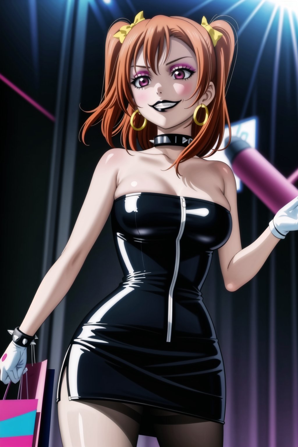 ((best quality)),  ((highly detailed)),  masterpiece,(Black lips:1.4), (white skin:1.4), ((official art)),  detailed face,  beautiful face, (cross-laced clothes:1.3), narrow_waist:1.3, dominatrix:1.4 , (intricate Black dress:1.4), (detailed eyes,  deep eyes),(science fiction, cyberpunk:1.3, street, shopping, pose:1.3, dancing:1.3),((smirk, grin, naughty face, seductive smile, smug)) ,cowboy shot,(lips), kousaka honoka, yellow hair bow, one side up, orange hair,  medium hair, (red eyes:1.3),   (spiked bracelet), corset:1.4, (black hoop earring:1.3), curvaceous, voluptuous body, (makeup:1.5) (lips:1.3), (latex:1.3),  (black tube top:1.2), gloves,elbow gloves, skirt, black choker, pencil skirt, pantyhose, miniskirt, (black skirt), black gloves, black legwear, black nails,large breasts:1.2, (intricately detailed, hyperdetailed), blurry background, depth of field, best quality, masterpiece, intricate details, tonemapping, sharp focus, hyper detailed, trending on Artstation, 1 girl, solo, high res, official art,RockOfSuccubus,kousaka honoka,honoka kousaka,,<lora:659111690174031528:1.0>