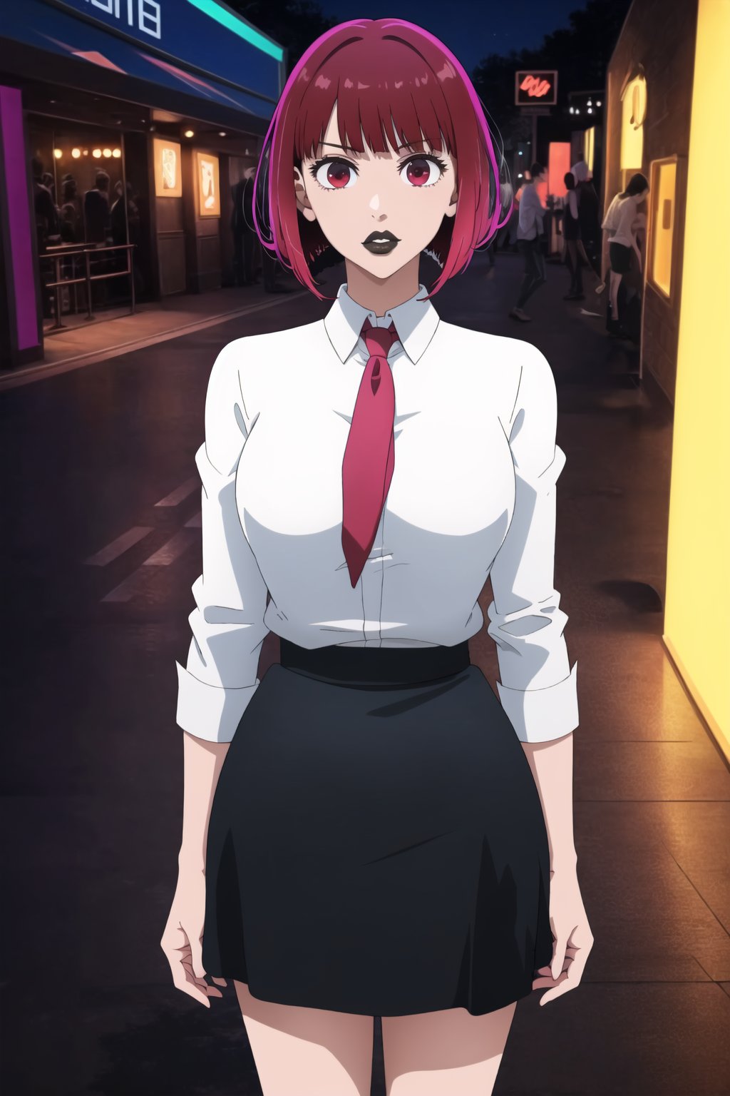 (best quality), (highly detailed), masterpiece, (official art), aakana, short hair,  red eyes, , solo,  lips:1.2, black lips:1.4, lipstick:1.2, skirt, black neckktie, latex:1.2, pencil_skirt, shirt, standing, looking at viewer, white shirt, breasts, black skirt, looking at viewer, (/nightclub scene, neon lights), , club, (nigth club), ,hd quality, perfect face ,realistic, realistic body , perfect face sync,night club,StandingAtAttention,marinette,night club,b1mb0, 