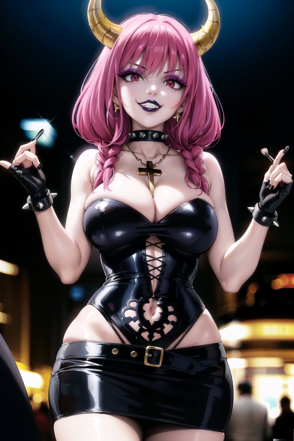 ((best quality)),  ((highly detailed)),  masterpiece,(Black lips:1.4), (white skin:1.4), ((official art)),  detailed face,  beautiful face, (cross-laced clothes:1.3), narrow_waist:1.3, dominatrix:1.4 , (intricate Black dress:1.4), (detailed eyes,  deep eyes),(science fiction, cyberpunk:1.3, street, shopping, dark background),((smirk, grin, naughty face, seductive smile, smug)) ,cowboy shot,(lips), (aura the guillotine, long hair, purple hair, braid, horns, twin braids), (red eyes:1.3),   (spiked bracelet), corset:1.4,chinese dress:1.2, (intricate black earring:1.3), curvaceous, voluptuous body, (makeup:1.5) (lips:1.3), (latex),  (black tube top:1.2), gloves, fingerless gloves, skirt, black choker, belt, pencil skirt, pantyhose, miniskirt, (black skirt), black gloves, black legwear, black choker, Black nails,large breasts:1.2, conspicuous elegance, snobby, upper class elitist, possesses an arroaant charm. her Dresence commands attention and enw, (intricately detailed, hyperdetailed), blurry background, depth of field, best quality, masterpiece, intricate details, tonemapping, sharp focus, hyper detailed, trending on Artstation, 1 girl, solo, high res, official art,RockOfSuccubus,