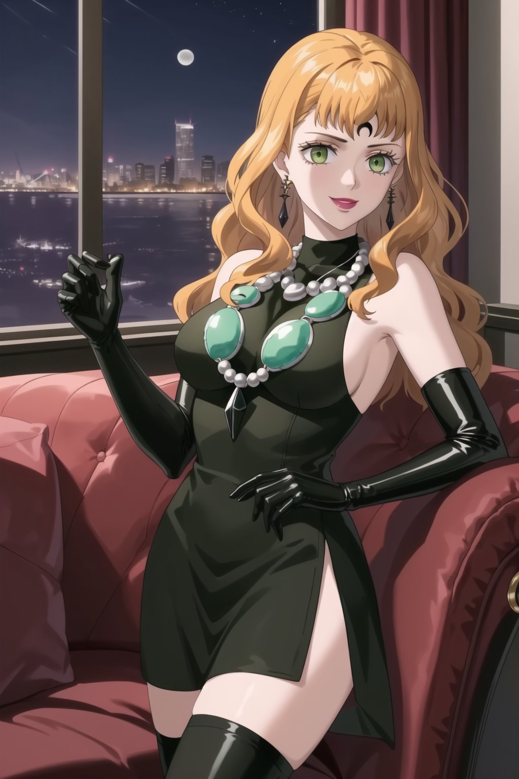 (best quality), (highly detailed), masterpiece, (official art),mimosa vermillion, orange hair, green eyes,, lips, smile, lipstick, makeup, evil smile,
((Forehead mark, crescent facial mark, black crystal earrings, jewelry)).  Dark  dress, esmeraude, black latex, black sleeveless dress, turtleneck_dress, short dress, elbow gloves, green gloves, thighhighs, large necklace, ((gemstone necklace:1.2)), standing,
Modern luxury lounge with dim lighting, featuring sleek black leather sofas, glass tables, and soft ambient lighting from wall sconces. A large window in the background reveals a city skyline at night, adding a touch of sophistication to the scene,