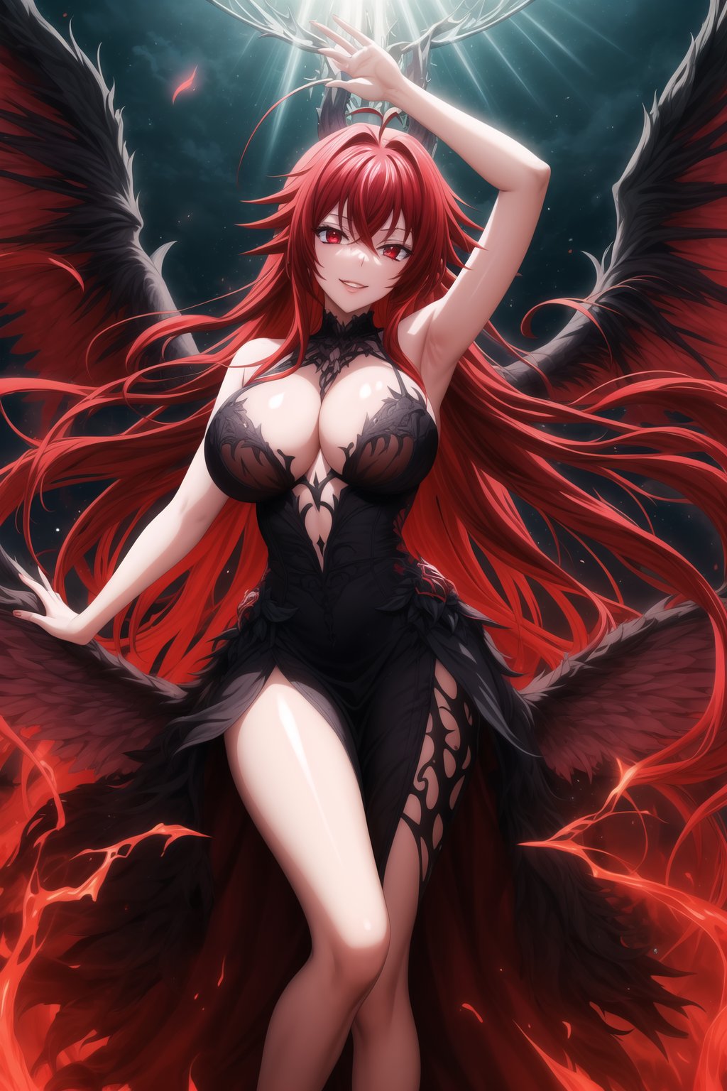 (best quality), (highly detailed), masterpiece, (official art), Rias Gremory as a malevole demon , lips evil smile, with long flowing red hair and a delicate ahoge, darkness black wings spread wide behind her. She is wearing a intricatr, elegant black gown that flows gracefully around her, softly billowing as she floats in the hell. Rias stands with her arms,as if welcoming you with a violento and demonic presence, her red eyes. Rays of dark light shine down from the heavens, illuminating her figure, while she hovers among soft, glowing fire. The hell with red rays breaking through, creating atmosphere. Her wings emit a darkness, ethereal light, adding to her demonic presence.