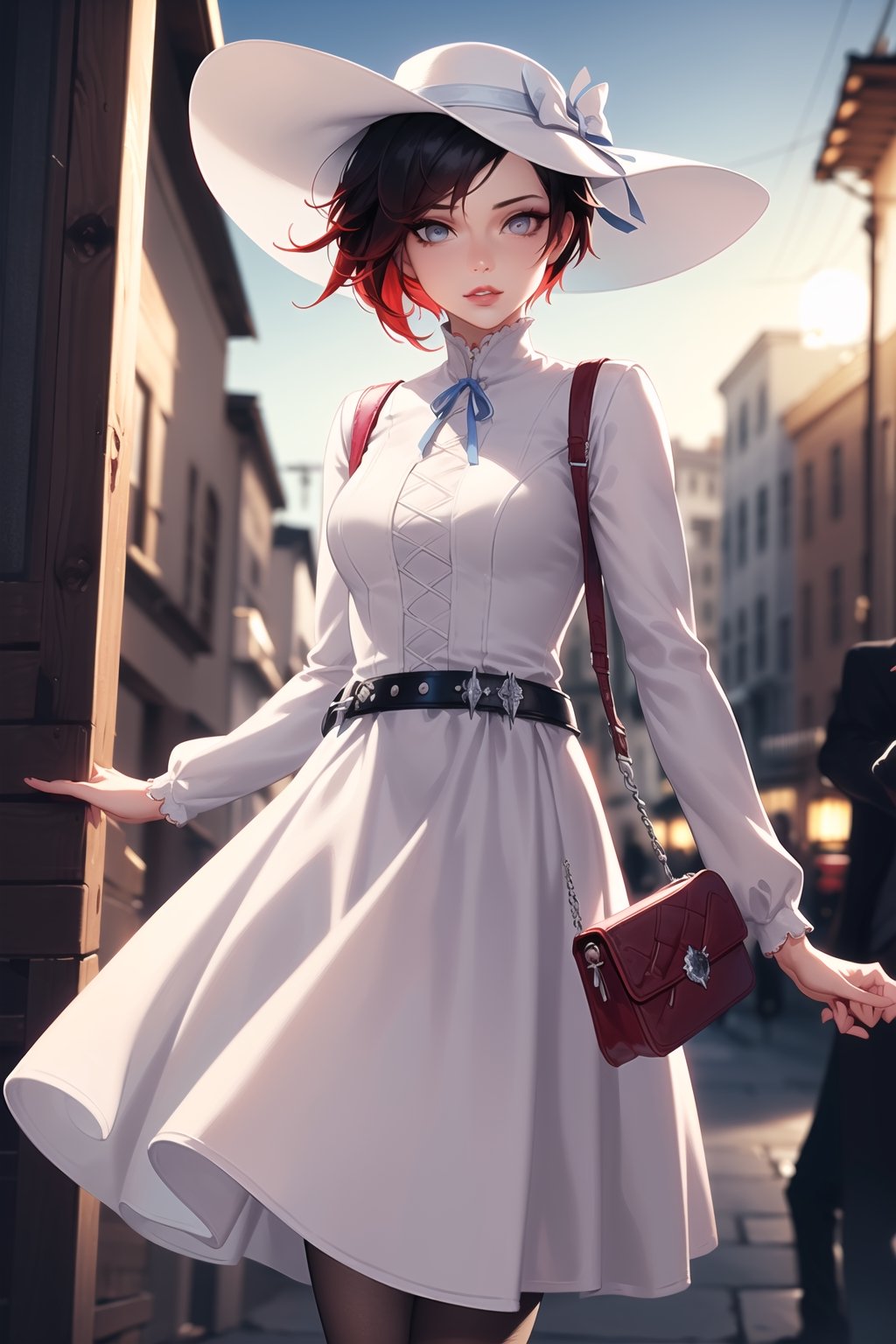 (best quality), (highly detailed), masterpiece, (official art), ,(ruby rose:1.2), ((lbob cut)), lips, lips, (( hat,sun hat, (white dress),  blue ribbon, bag, belt, white dress, ribbon, handbag, long sleeves, standing, white legwear, holding,  holding bag, long skirt, v arms)), looking at viewer, city, night, sky,  (intricately detailed, hyperdetailed), blurry background,depth of field, best quality, masterpiece, intricate details, tonemapping, sharp focus, hyper detailed, trending on Artstation,1 girl, high res, official art,StandingAtAttention,bestiality,Weiss_RWBY