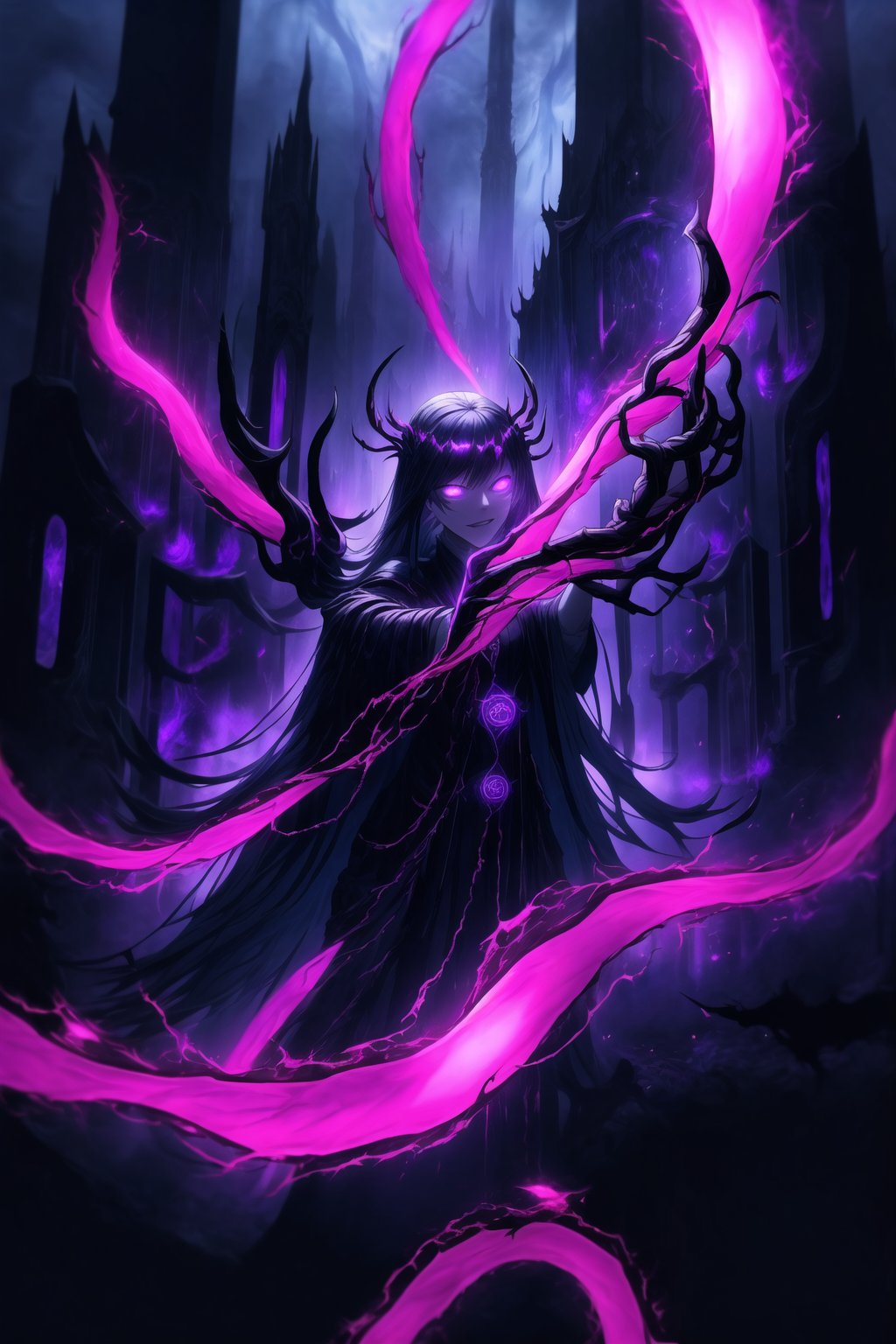 "Dark Sorceress gwentennyson Forbidden Power":
gwentennyson, long red hair, now twisted by dark magic, stands menacingly in her corrupted form. Her once-vibrant violet mage attire has transformed into a shadowy, tattered robe, pulsating with forbidden runes and dark flames. Her eyes glow with an ominous purple hue, and her expression is one of cruel dominance. In one hand, she clutches a cursed, blackened grimoire with glowing violet symbols that pulse with dark energy. Her other hand conjures an ominous ball of dark magic, swirling with shadowy tendrils and streaks of purple lightning.
The background is a dark, shattered void, filled with jagged cracks that leak sinister energy. Magic circles of forbidden glyphs spin around her, their deep purples and blacks contrasting against the darkened backdrop. Glistening, arcane chains twist and writhe in the air, like serpents of shadow, while forbidden runes and sigils shimmer in the darkness. Faint whispers of tortured souls emanate from the chaotic magical storm surrounding her. Streaks of corrupted purple flames and black smoke rise from the ground, engulfing the entire scene in a sense of forbidden power. Sharp, electric effects and glowing dark orbs hover in the air, as Gwendolyn channels the full force of her dark sorcery. The entire image glows with an eerie, shadowy light, casting deep, high-contrast shadows, and creating a menacing, oppressive atmosphere.,