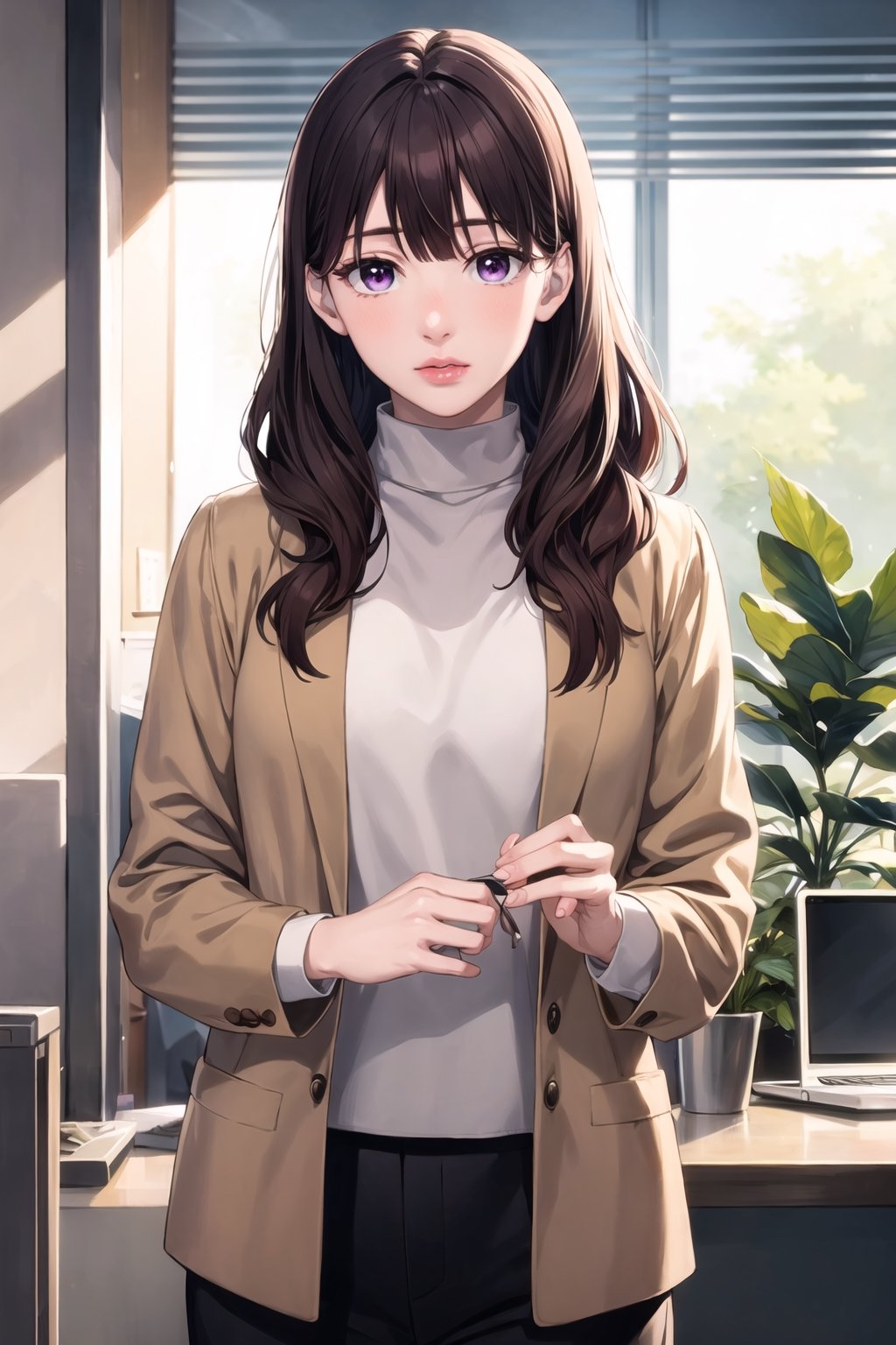 ((best quality)), ((highly detailed)), masterpiece, ((official art)), yuki itose, long hair, bangs, brown hair, black hair, (purple eyes:1.1), blunt bangs, wavy hair,
BREAK jacket, sweater, lips, red shirt,
BREAK indoors,
BREAK looking at viewer,  (office:1.3), (window, indoors, plant), (lips:),, solo, (cowboy shot:1.2), standing, , intricately detailed, hyperdetailed, blurry background, depth of field, best quality, masterpiece, intricate details, tonemapping, sharp focus, hyper detailed, trending on Artstation, 1 girl, high res, official art, ,yuki itose