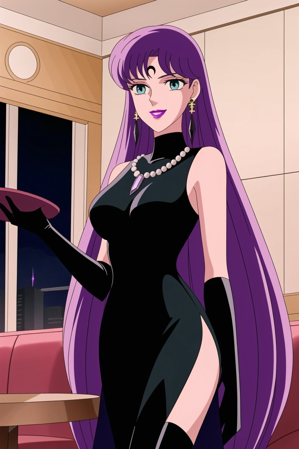 (best quality), (highly detailed), masterpiece, (official art),Saori Kido, long purple hair. blue eyes, bangs, lips, smile, lipstick, makeup,evil smile:1.2, holding tray, tray, alcohol, 
((Forehead mark, crescent facial mark, black crystal earrings, jewelry)).  Dark  dress, black latex, black sleeveless dress, turtleneck_dress, short dress, elbow gloves, green gloves, thighhighs, large necklace, ((gemstone necklace:1.2)), standing,
Modern luxury lounge with dim lighting, featuring sleek black leather sofas, glass tables, and soft ambient lighting from wall sconces. A large window in the background reveals a city skyline at night, adding a touch of sophistication to the scene