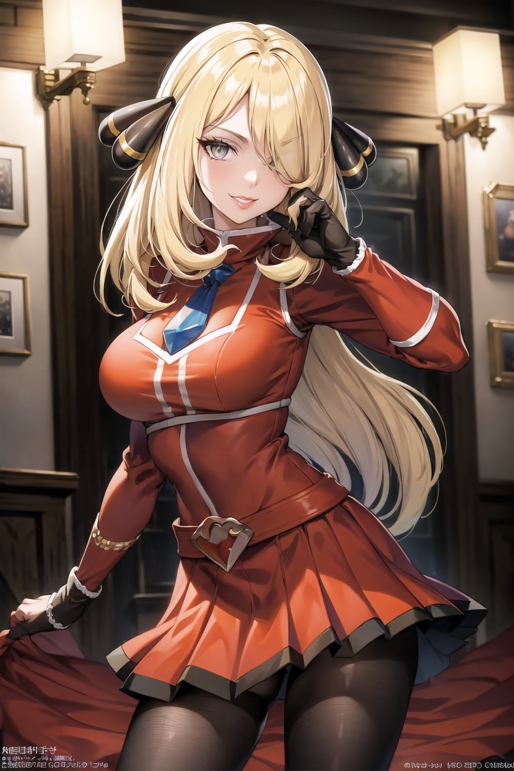 (best quality), (highly detailed), masterpiece, (official art),cynthia, blonde hair, long hair, hair over one eye, hair ornament, very long hair, large breasts, wavy hair, grey eyes, (team flare:1.2), gloves,juliet_sleeves, long_sleeves , pleated skirt, thighhighs, thigh boots, dress, belt, red dress, pantyhose, (lips:1.2), grin, smirk, (seductive pose), cowboy shot, looking at viewer, indoors, blurry background,depth of field, best quality, masterpiece, intricate details, tonemapping, sharp focus, hyper detailed, trending on Artstation,