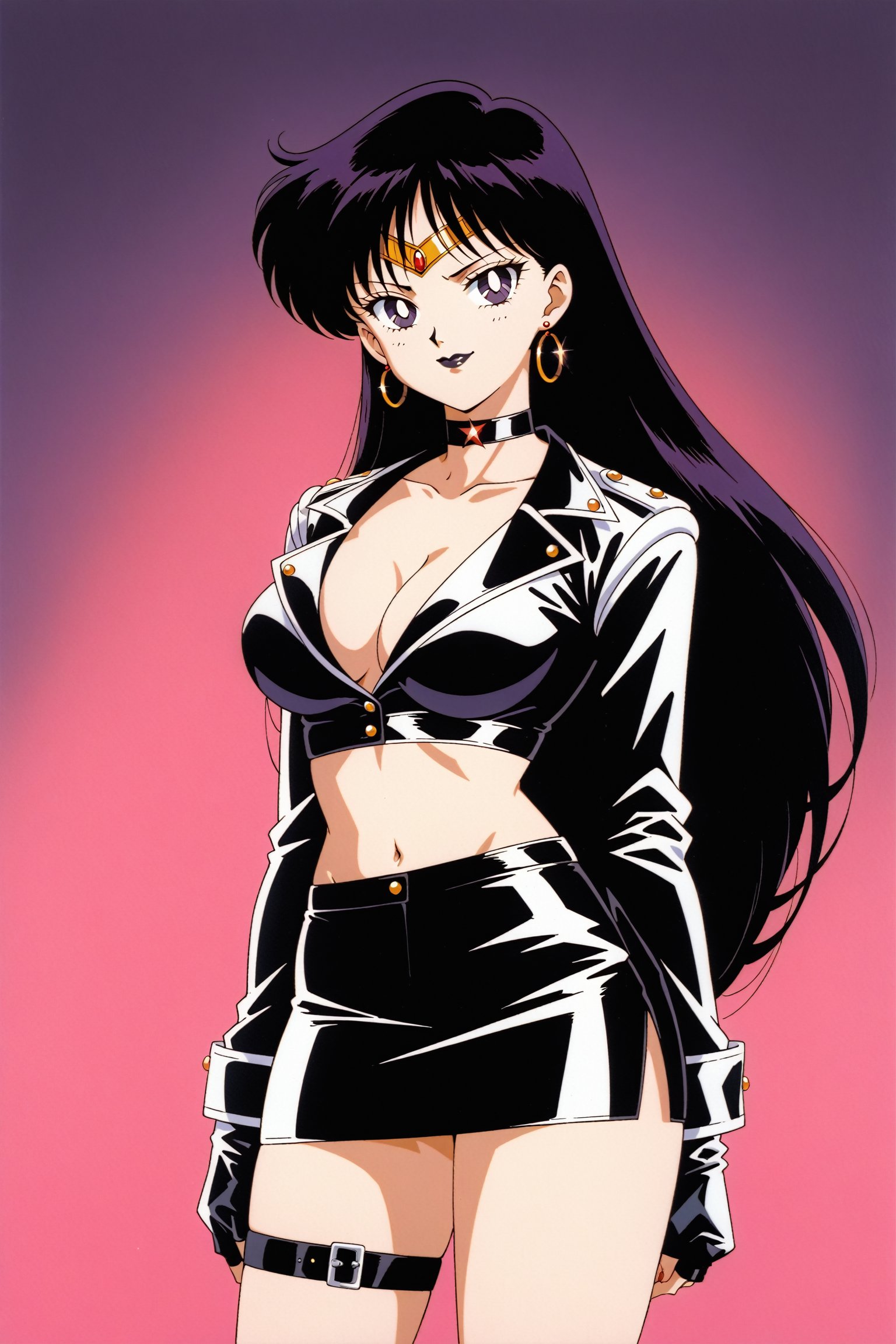 (masterpiece, best quality, very aesthetic, ultra detailed), lips, black lips:1.2, evil smile, evil, villain, corrupted, dark persona,intricate details, 4k, aamars, long hair, black hair,, black gloves, black jacket:1.2, black skirt:1.2, breasts, cleavage, closed mouth, collarbone, cowboy shot, ((black crop top)), hoop earrings, fingerless gloves, gloves, highres, black leather jacket, jewelry, , medium breasts, midriff, miniskirt, navel, pencil skirt, skirt, solo, standing, stomach, striped, striped bow, thigh strap,((retro anime style, detailed retro anime)), tiara, black choker