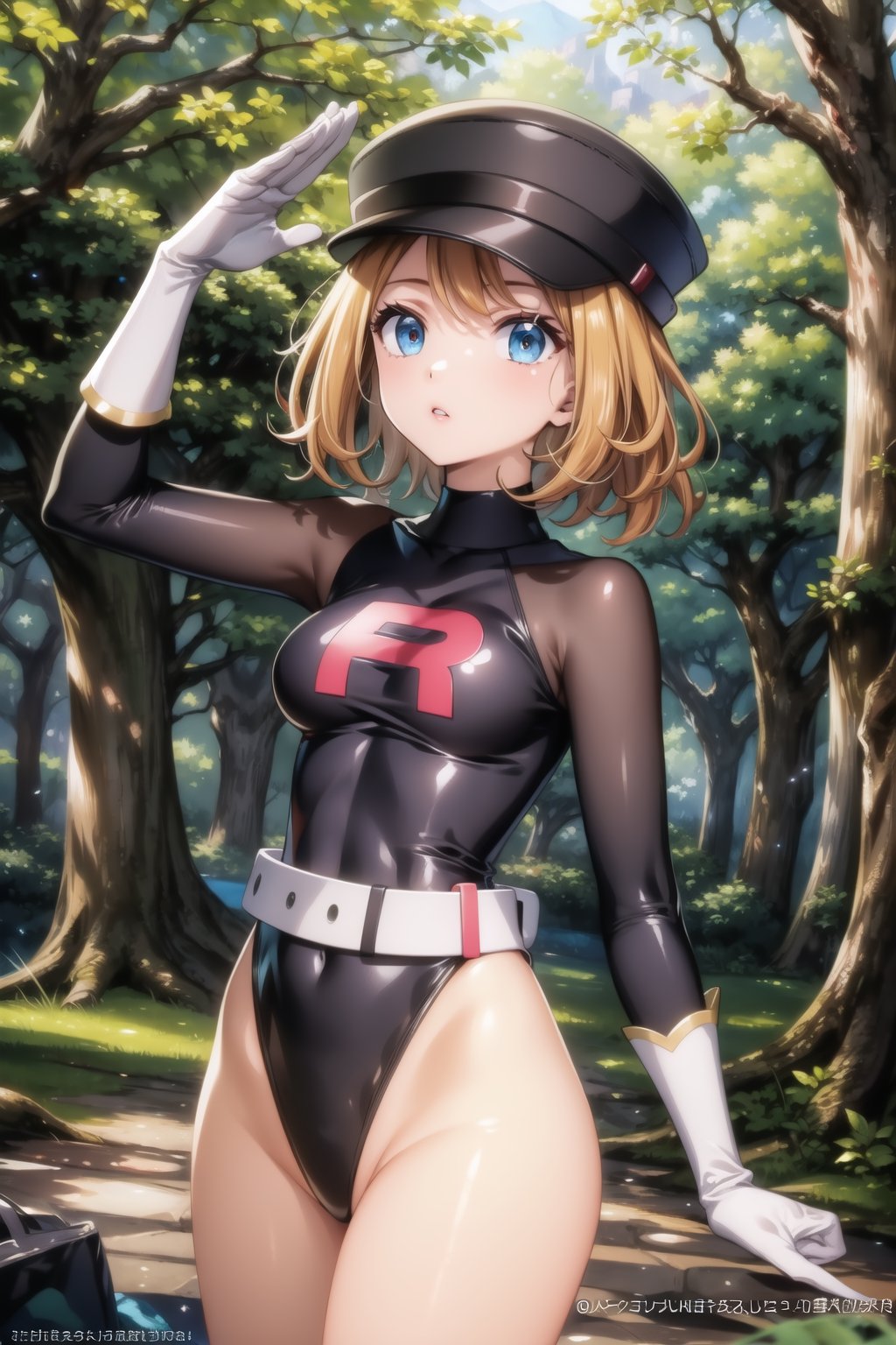 ((best quality)),  ((highly detailed)),  masterpiece,  ((official art)),  ((serena)), 1girl, solo, orange hair, blue eyes, blonde hair, short hair, bangs, black headwear, cabbie hat, hat, parted lips, expressionless ,Grunt Team Rocket, dress, black dress, (leotard:1.3), long sleeves, gloves, elbow gloves, belt, grey belt,1girl, outdoors, forest, nigth, salute