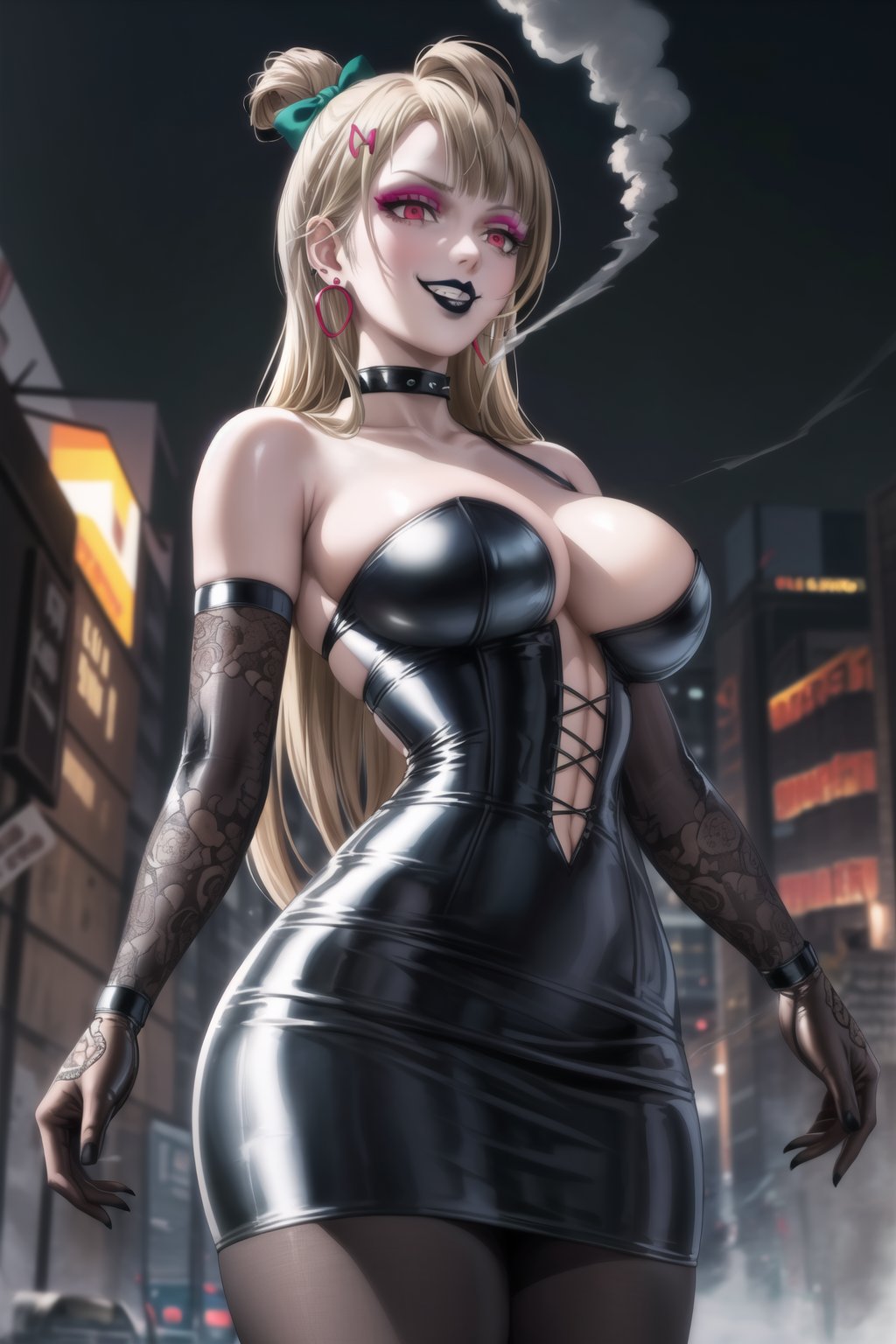 ((best quality)),  ((highly detailed)),  masterpiece,(Black lips:1.4), (white skin:1.4), ((official art)),  detailed face,  beautiful face, (cross-laced clothes:1.3), narrow_waist:1.3, dominatrix:1.4 , (intricate Black dress:1.4), (detailed eyes,  deep eyes),science fiction, cyberpunk:1.3, street,  pose:1.3, smoke:1.3, holding cigarette:1.3, smoking:1.2,((smirk, grin, naughty face, seductive smile, smug)) ,cowboy shot,(lips), minami kotori, long hair,  bangs, hair bow, green bow, (red eyes:1.3),   (spiked bracelet), corset:1.4, (black hoop earring:1.3), curvaceous, voluptuous body, (makeup:1.5) (lips:1.3), (latex:1.3),  (black tube top:1.2), gloves,(elbow gloves:1.2), skirt, black choker, pencil skirt, pantyhose, miniskirt, (black skirt), black gloves, black legwear, black nails,large breasts:1.2, (intricately detailed, hyperdetailed), blurry background, depth of field, best quality, masterpiece, intricate details, tonemapping, sharp focus, hyper detailed, trending on Artstation, 1 girl, solo, high res, official art