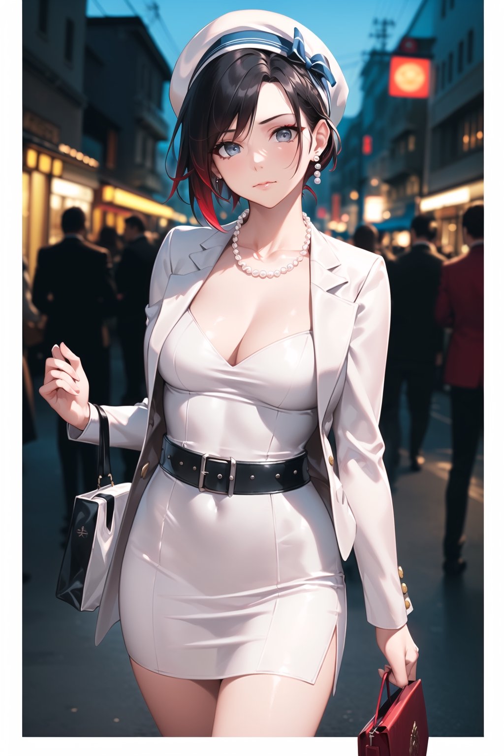 (best quality), (highly detailed), masterpiece, (official art), ,(ruby rose:1.2, hair bun:1.3), makeup:1.3, (lips:1.2), parted_lips, blue earrings:1.3,jewelery:1.3, circlet:1.2, ((long sleeves,  dress, ribbon, closed mouth, collarbone, jacket,  belt, white dress,  white headwear, blue suit:1.2, pearl necklace:1.3, cropped suit, holding, holding bag, v arms:1.3)), looking at viewer, china, asiática, city, night, sky,  (intricately detailed, hyperdetailed), blurry background,depth of field, best quality, masterpiece, intricate details, tonemapping, sharp focus, hyper detailed, trending on Artstation,1 girl, high res, official art,StandingAtAttention,bestiality