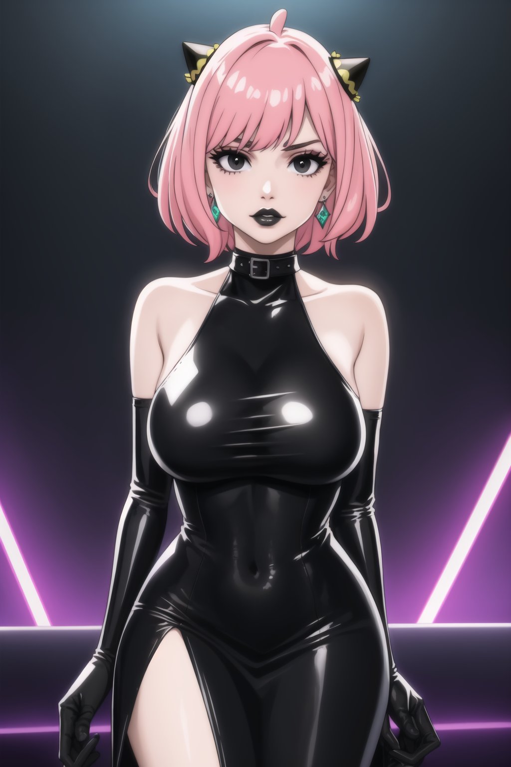 (best quality), (highly detailed), masterpiece, (official art),  ,anya forger:1.3,ahoge, hair ornament,( anya, hair ornament, pink hair, short hair),Earrings,   gem earring:1.2,black_earrings, lips:1.2, black lips:1.4, makeup:1.2, lipstick:1.2,  makeup, black eyes:1.2, ,black collar, black latex dress, black latex elbow gloves, crystal earrings, distant gaze, elbow gloves, female, female only, fetish wear, gloves, hand on butt, hand on knee, only, large breasts, latex, latex dress, latex elbow gloves, latex gloves, light-skinned female, light skin, long dress, solo, solo female,lips, cowboy shot, large breast, looking at viewer, (/nightclub scene, neon lights)), , club, (nigth club), ,hd quality, perfect face ,realistic, realistic body , perfect face sync,night club,StandingAtAttention,marinette,night club,b1mb0, dancing:1.2